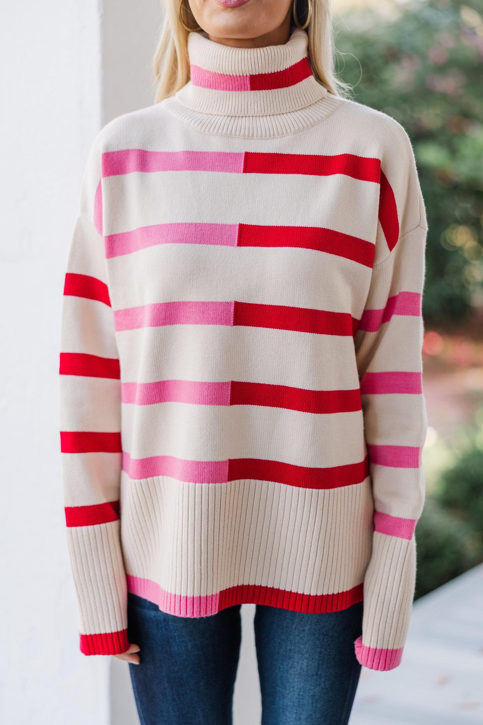 Have Your Fun Pink/Red Striped Turtleneck Sweater Female Product Image