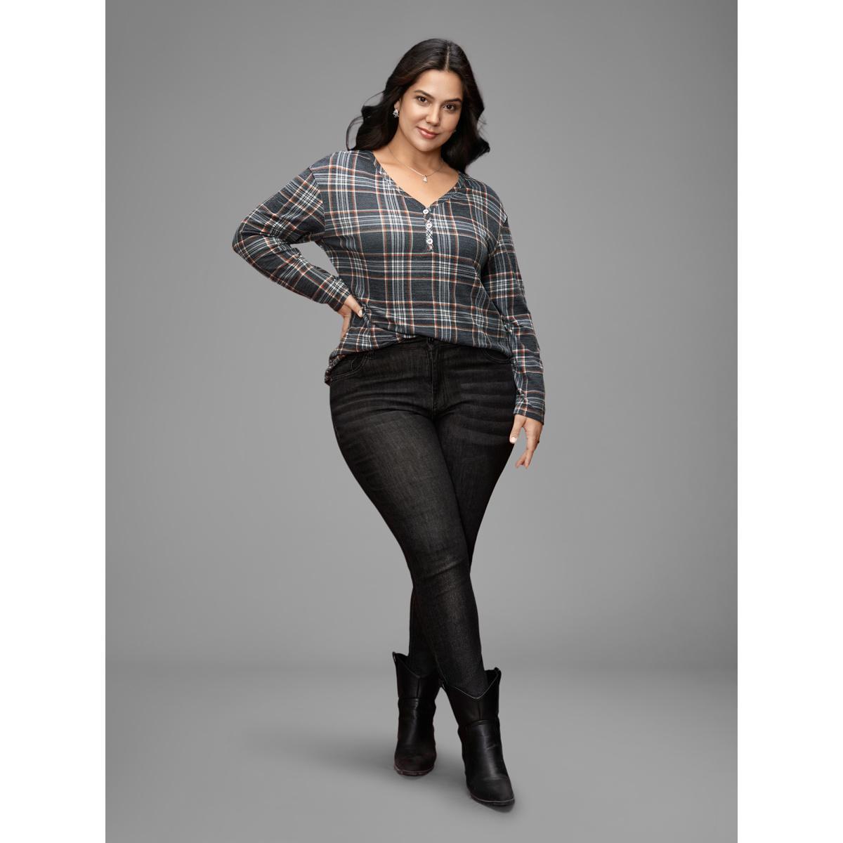 Plus Size Plaid V-neck Full Sleeves Slim-Fit Tee DimGray Women Casual Button V-neck Everyday T-shirts BloomChic 26/4X Product Image