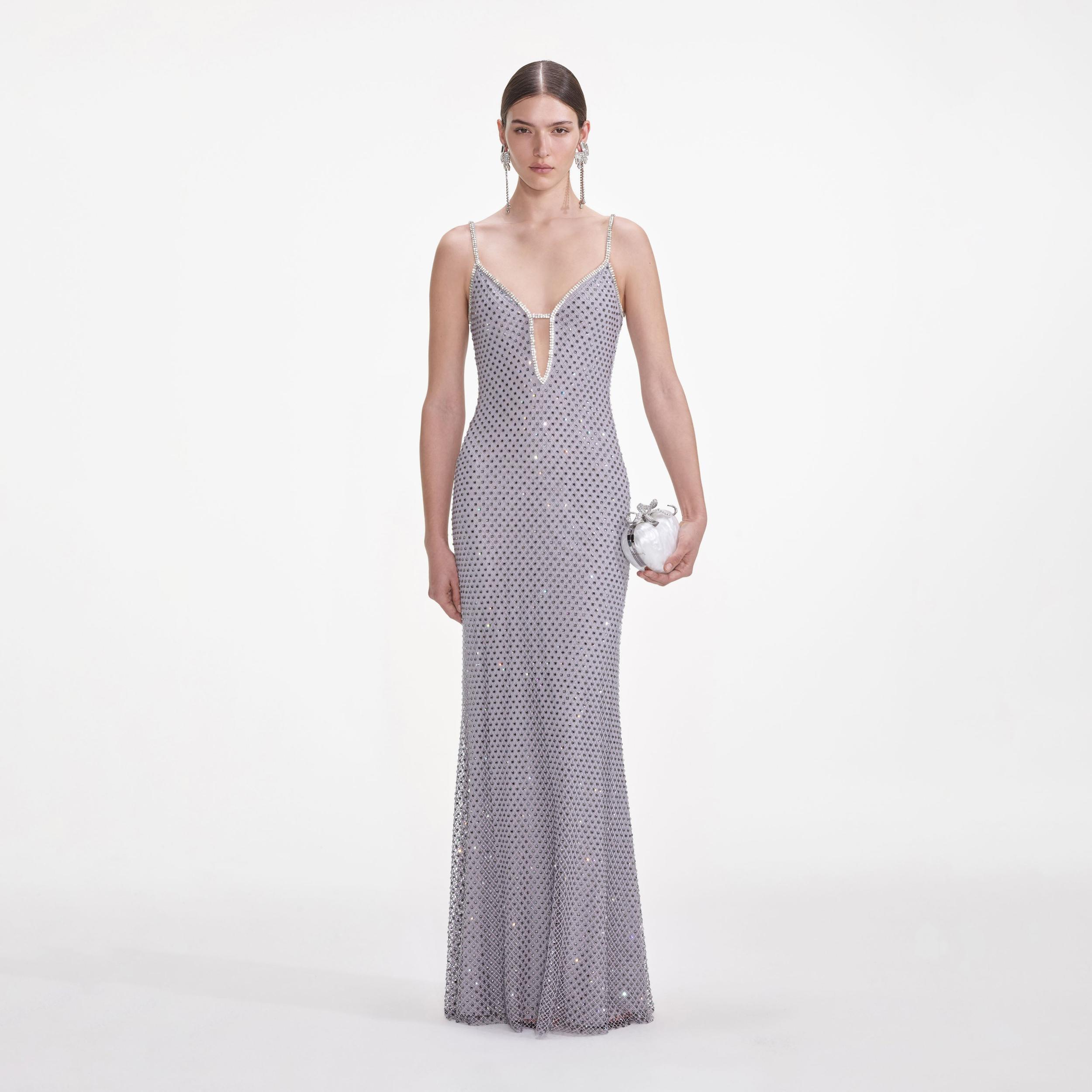 Grey Square Rhinestone Fishnet Maxi Dress Product Image