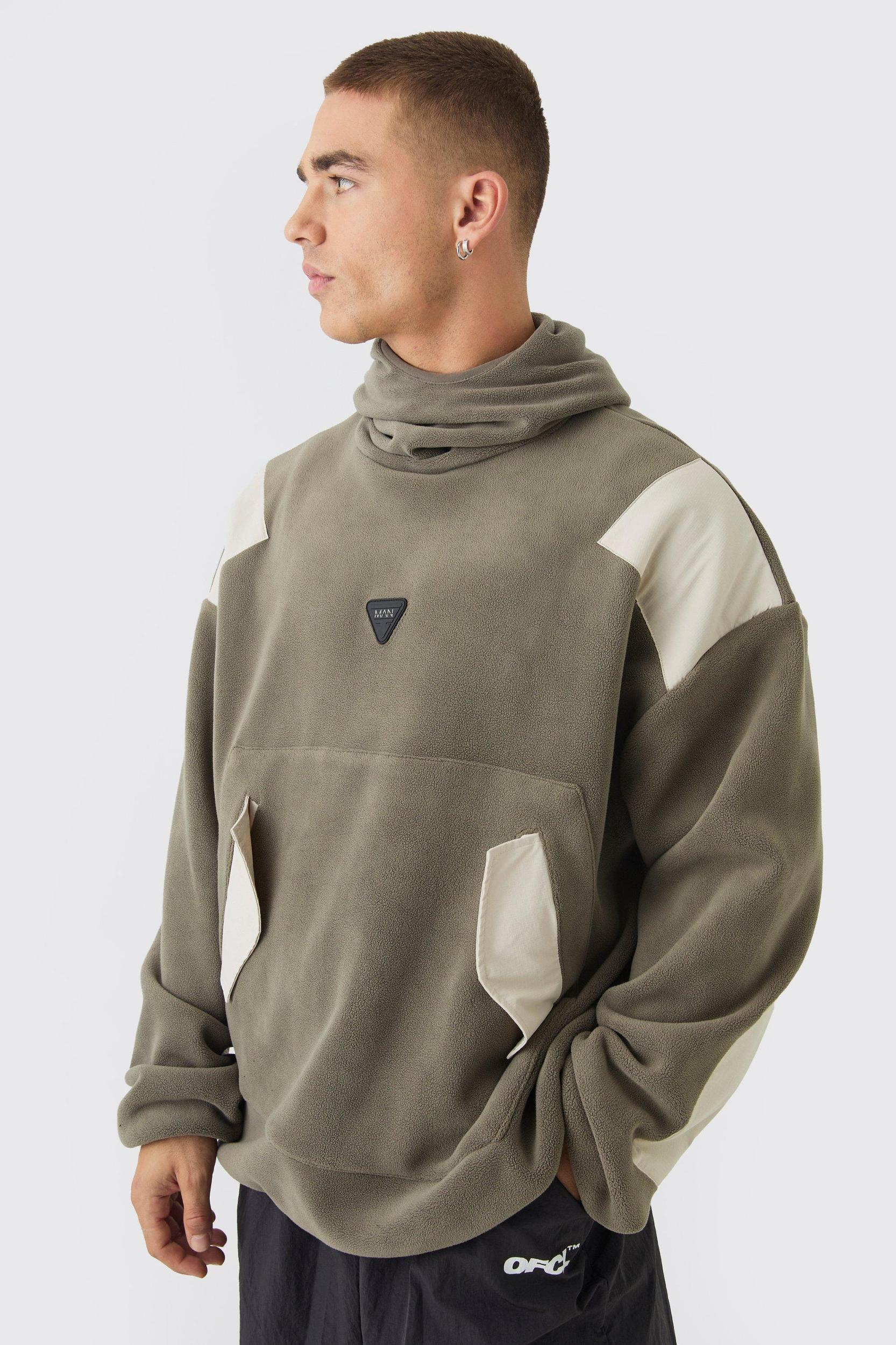 Mens Oversized Polar Fleece and Nylon Panelled Balaclava hoodie - Black Product Image