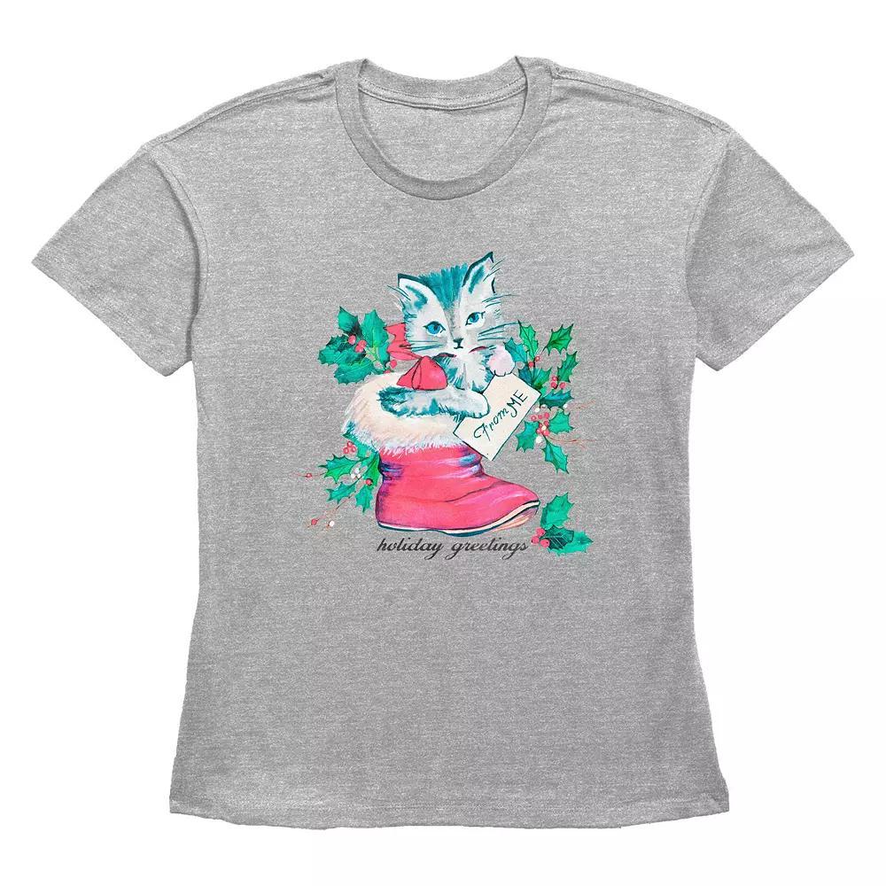 Women's Holiday Greetings Christmas Kitty Stocking Stuffer Graphic Tee, Size: Large, Grey Gray Product Image