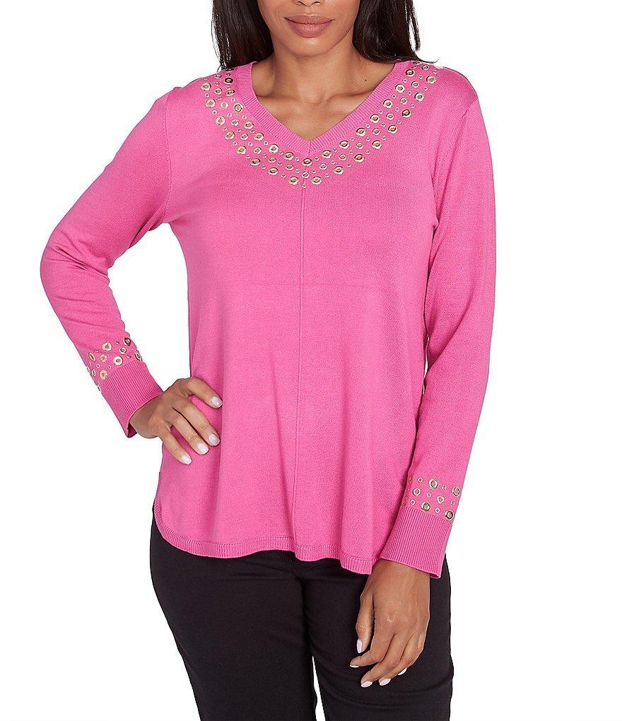 Ruby Rd. Sweater Knit Grommet Embellished Trim V-Neck Long Sleeve Shirttail Hem Top Product Image