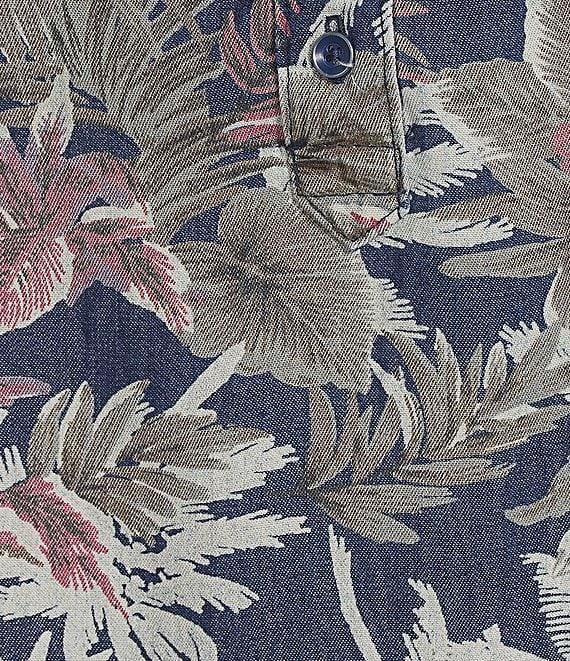 Intro Petite Size Lyocell Slub Dark Wash Pal Print Y-Neck Long Roll-Tab Sleeve Shirttail Hem Blouse Product Image