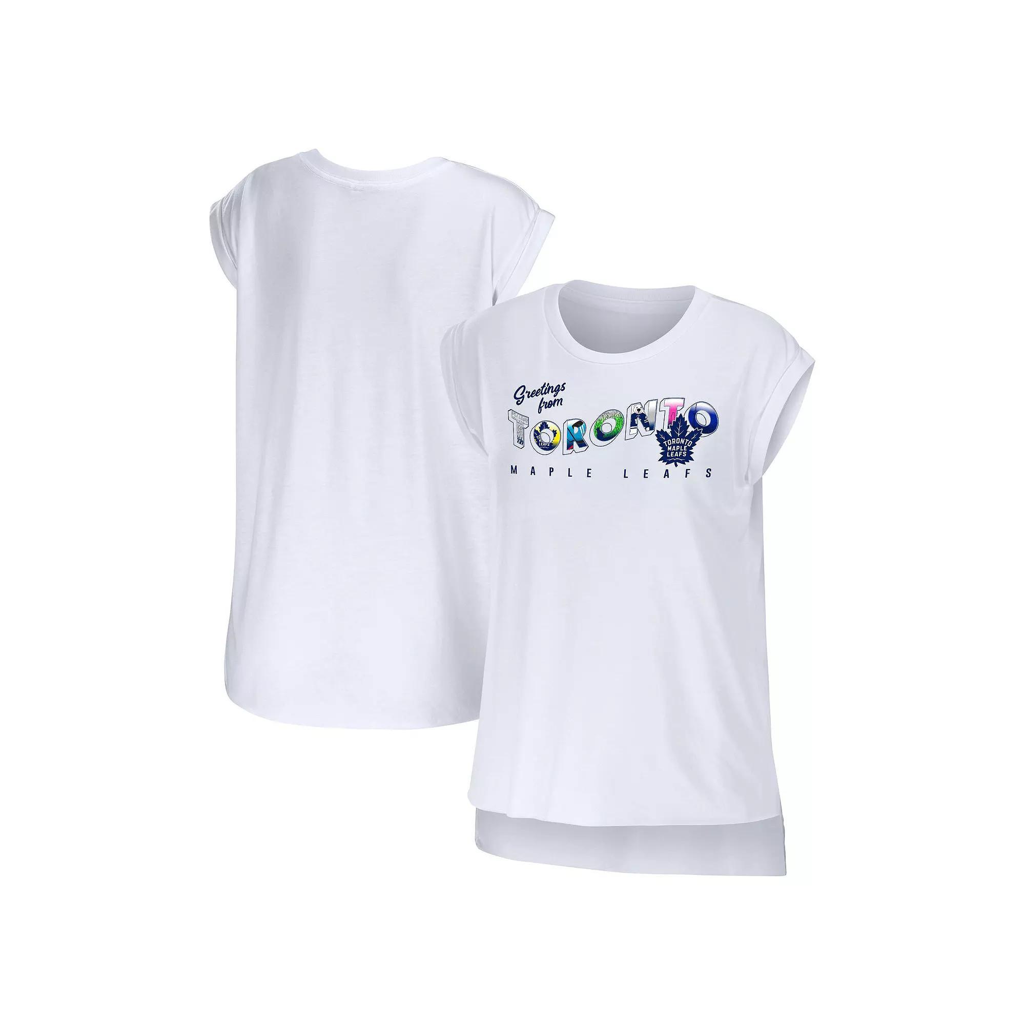 Women's WEAR by Erin Andrews White Toronto Maple Leafs Greetings From Muscle T-Shirt, Size: Medium, Mpl White Product Image