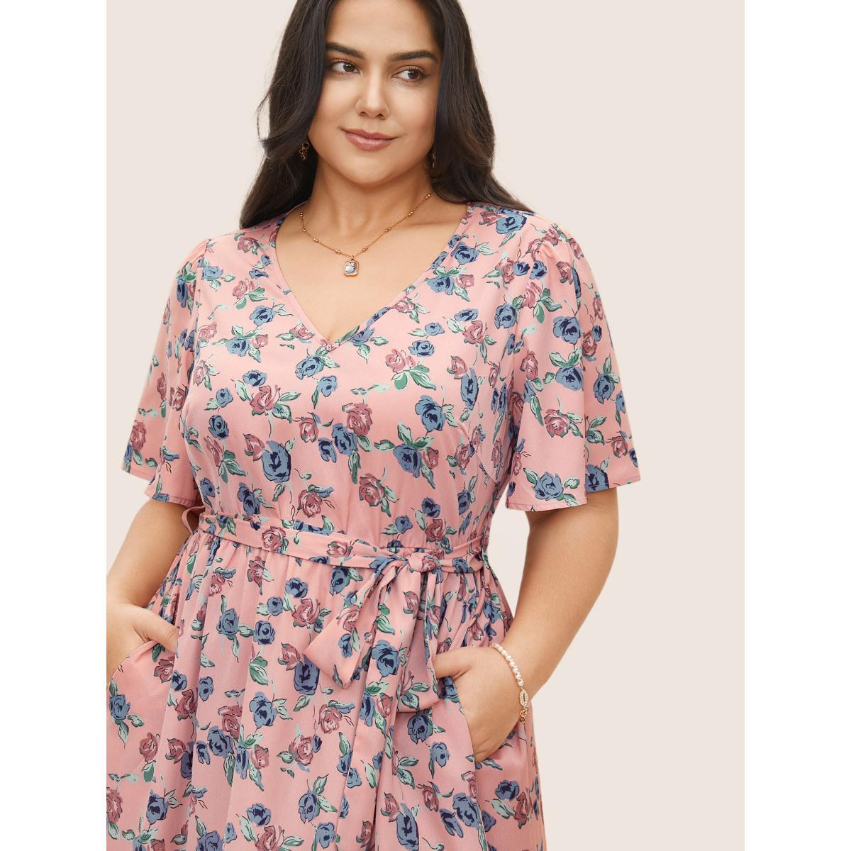 Plus Size Floral Print V Neck Pleated Belted Dress Rouge Women Elegant Non V-neck Short sleeve Curvy Midi Dress BloomChic 28/5X Product Image