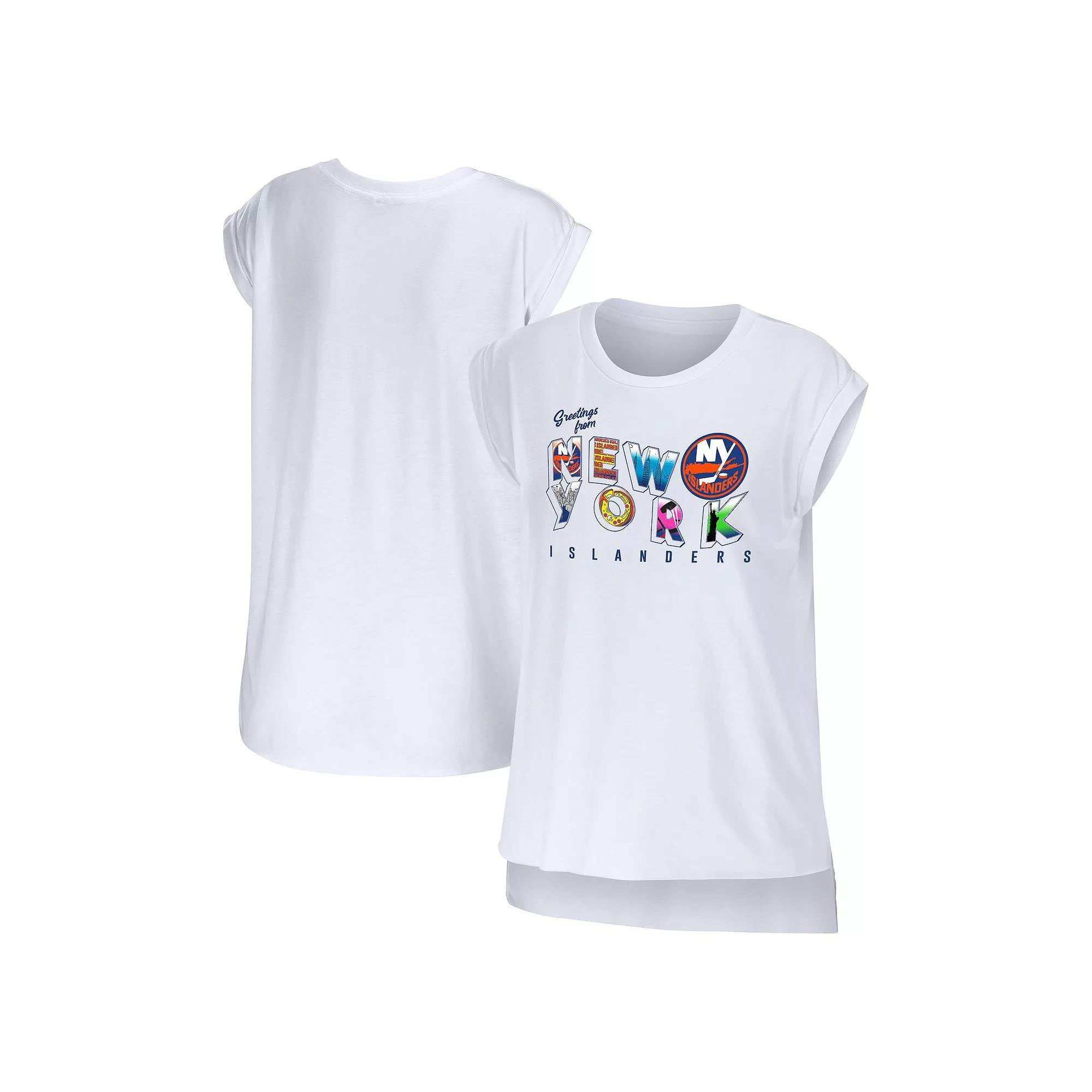 Women's WEAR by Erin Andrews White New York Islanders Greetings From Muscle T-Shirt, Size: XL, Isl White Product Image