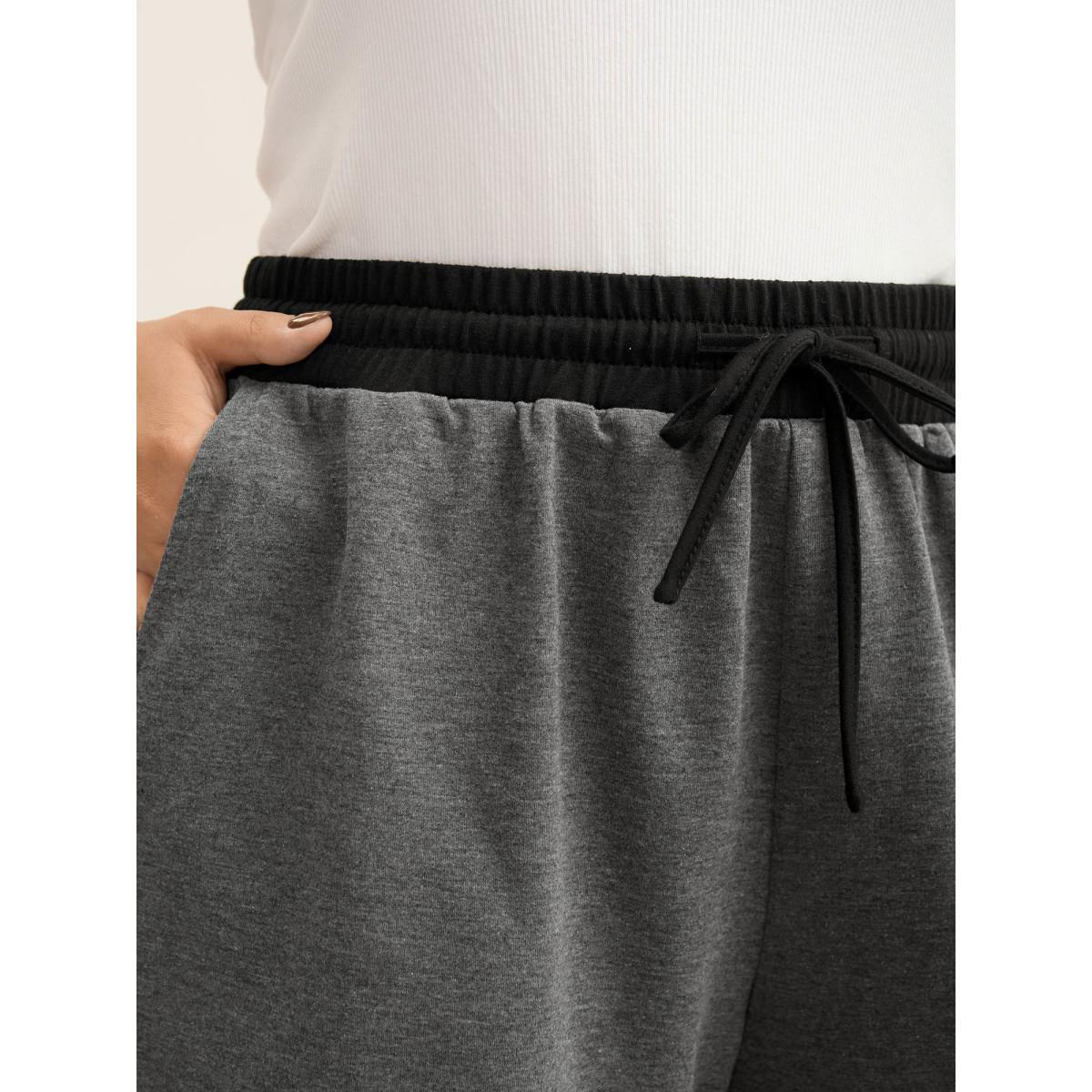 Plus Size Color Block Drawstring Plain Shorts Women DimGray Casual Contrast Loose Everyday Shorts BloomChic 10/M Product Image