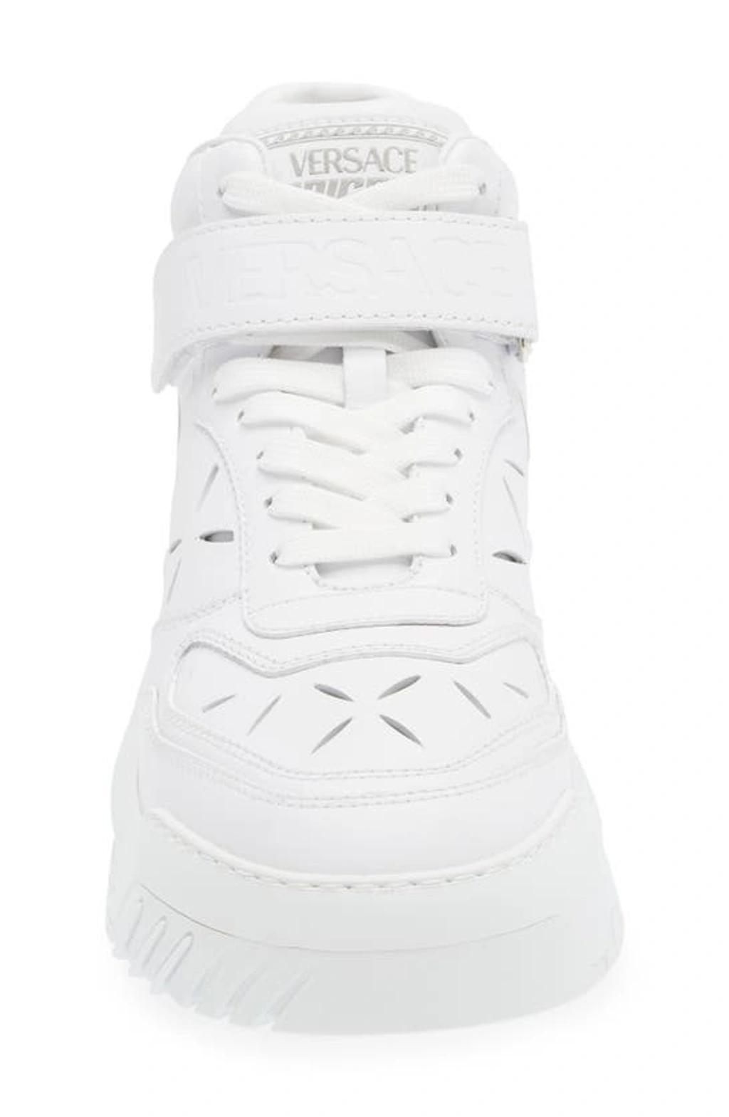 VERSACE Laser Cut Leather High-top Sneakers In White Product Image