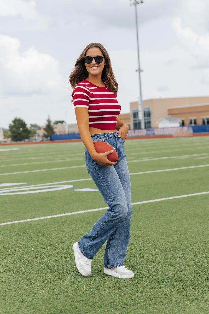 Burgundy and White Striped Cropped Sweater - FINAL SALE Product Image