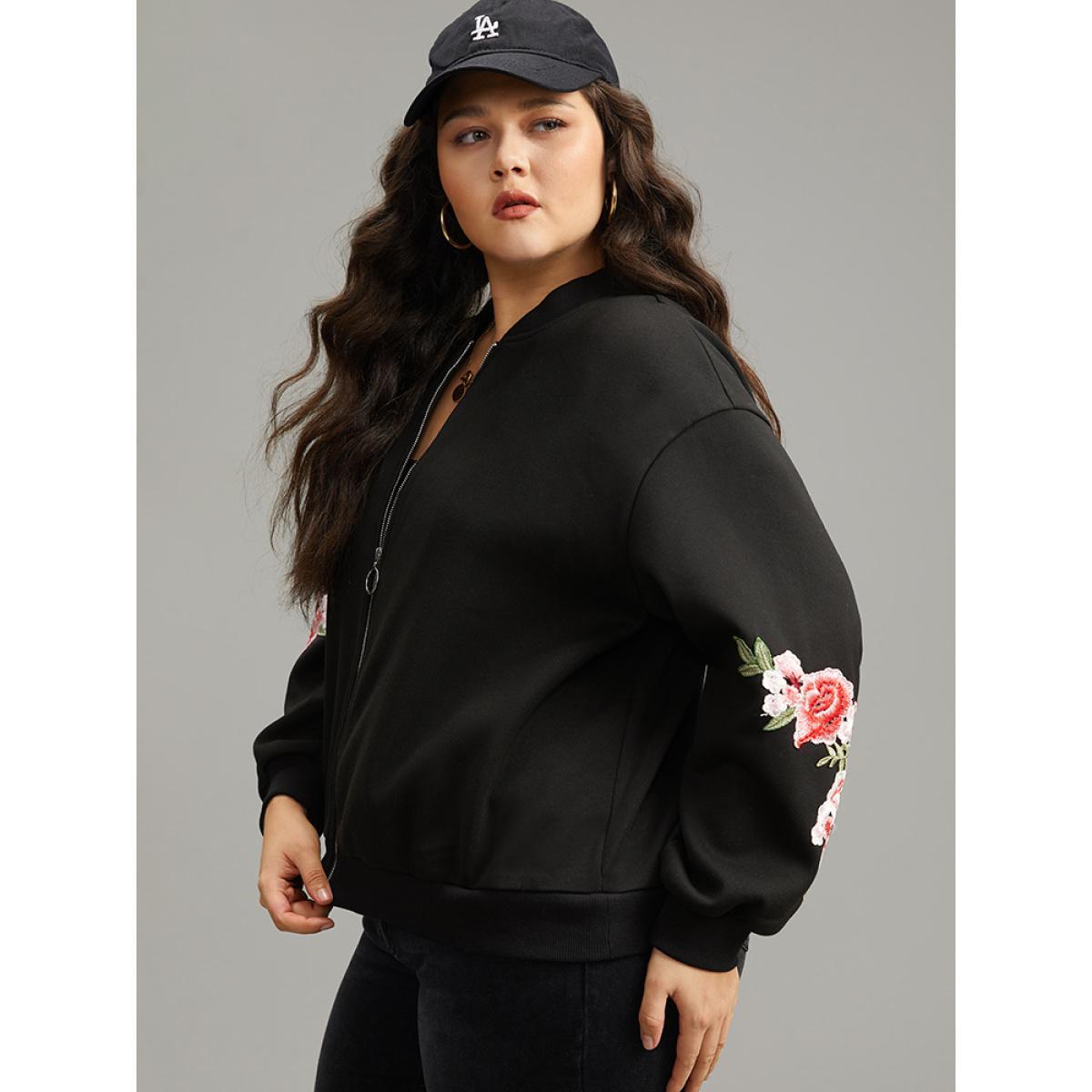 Plus Size Floral Embroidered O Ring Zipper Jacket Women Black Elastic cuffs Everyday Jackets BloomChic 28/5X Product Image