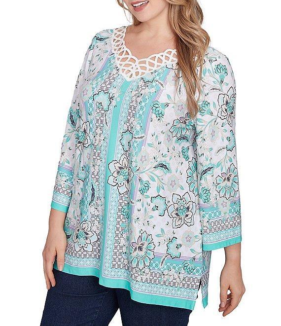 Ruby Rd. Plus Size Crepe Knit Printed Lace Trim V-Neck 3/4 Sleeve Top Product Image