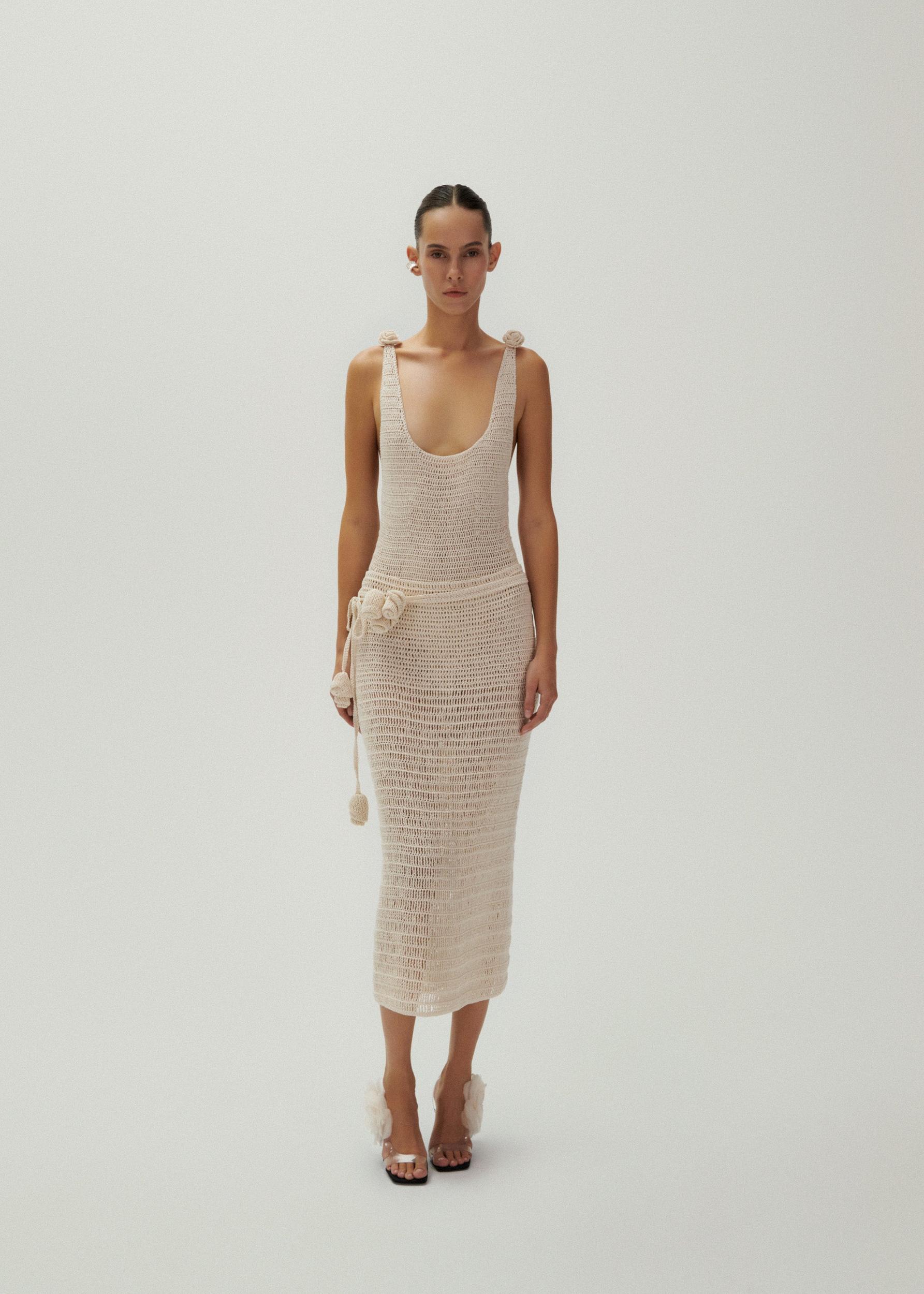 Crochet rosette bodysuit in beige Product Image