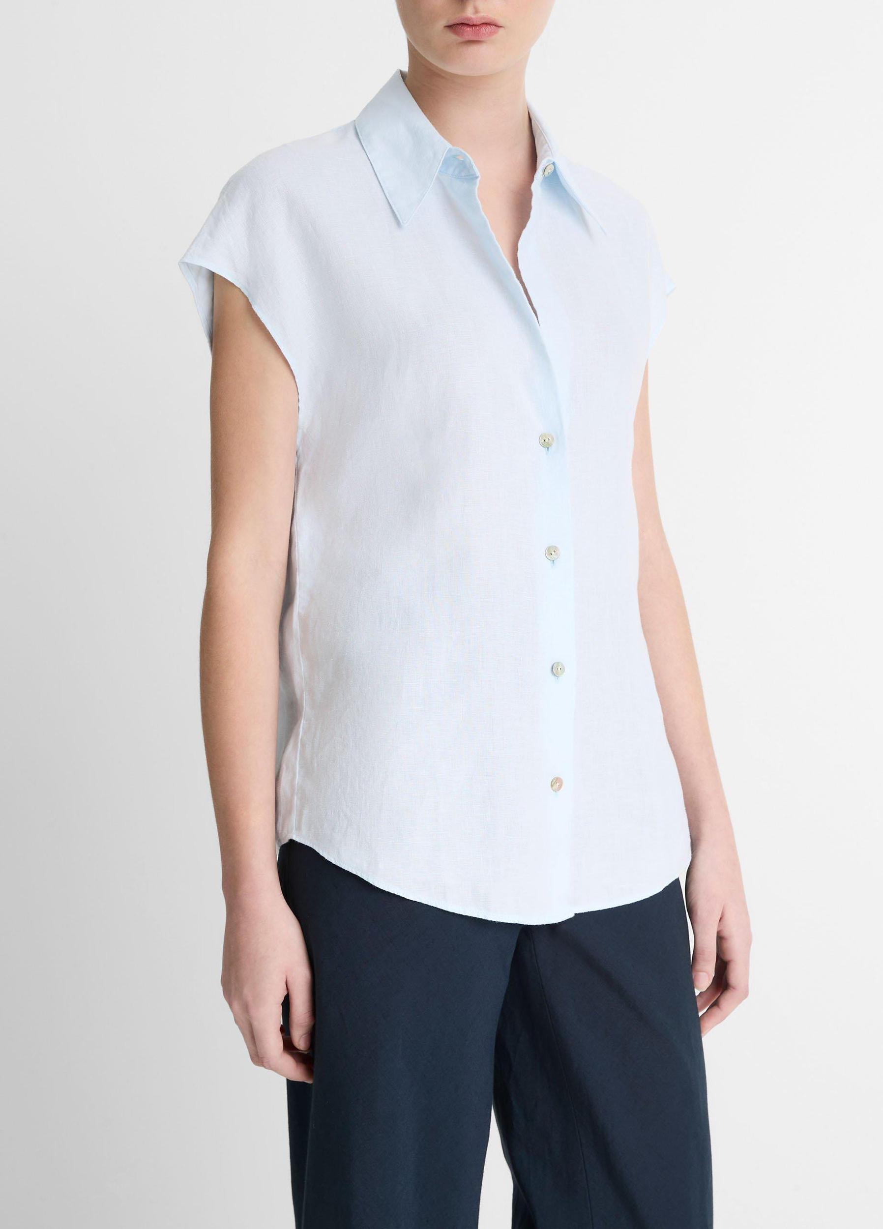 Womens Linen Cap-Sleeve Button-Front Blouse, Sky Mist, Size XXS Vince Product Image