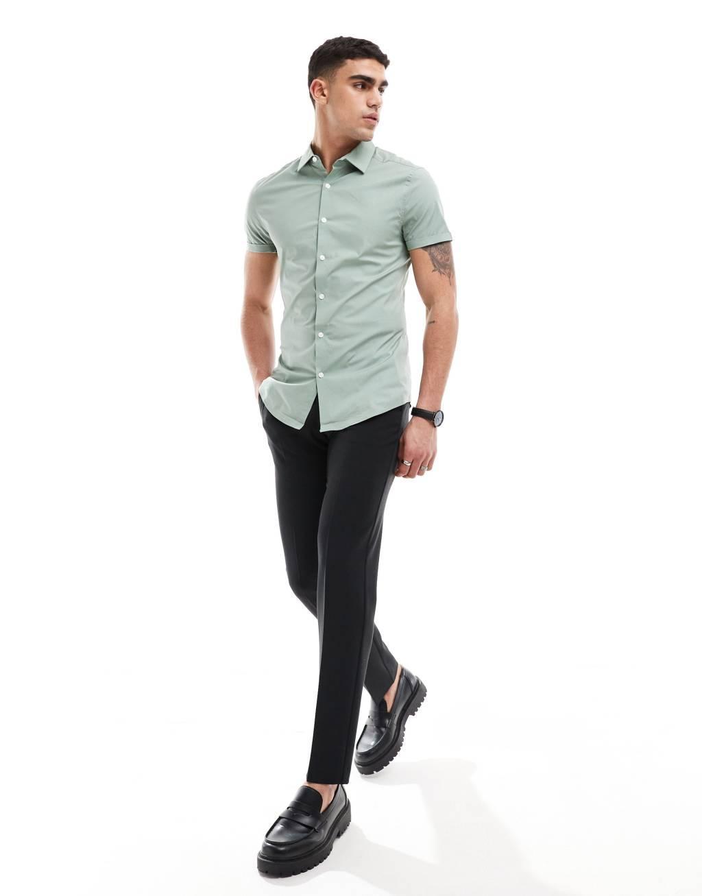 ASOS DESIGN skinny fit shirt with roll sleeves in sage green Product Image