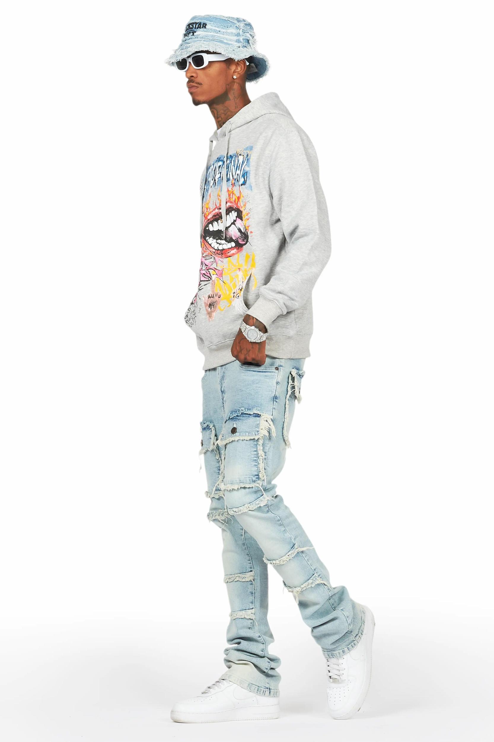 Yooz Heather Grey Hoodie/Stacked Flare Cargo Jean Bundle Male Product Image