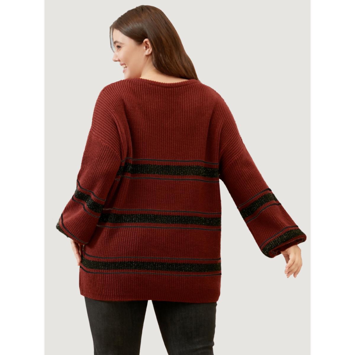 Plus Size Striped Contrast Pointelle Knit Lantern Sleeve Round Neck Knit Top Scarlet Women Casual Loose Long Sleeve Round Neck Dailywear Pullovers BloomChic 26/4X Product Image