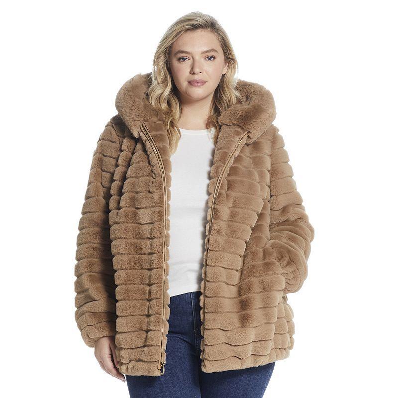 Plus Size Gallery Hooded Faux-Fur Zip-Up Jacket, Womens Ivory Product Image
