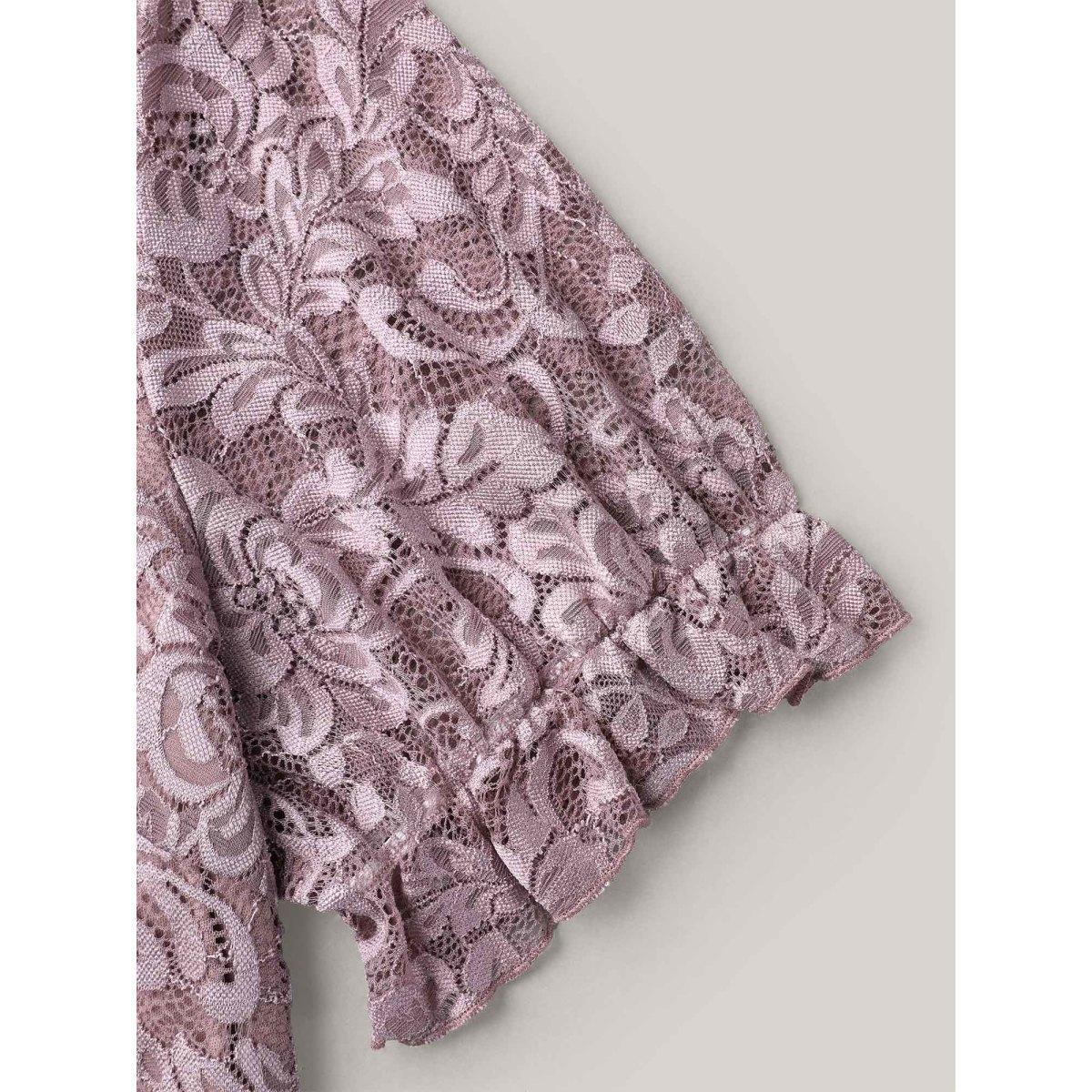 Plus Size Heather Lace Ruffled Puff Sleeve Shirt Women Elegant Short sleeve Notched collar Everyday Blouses BloomChic 10/M Product Image
