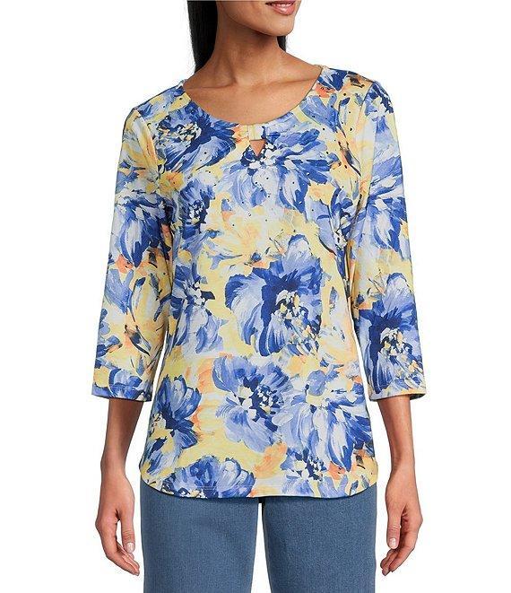 Allison Daley Embellished Floral Print 3/4 Sleeve Keyhole Neck Knit Top Product Image