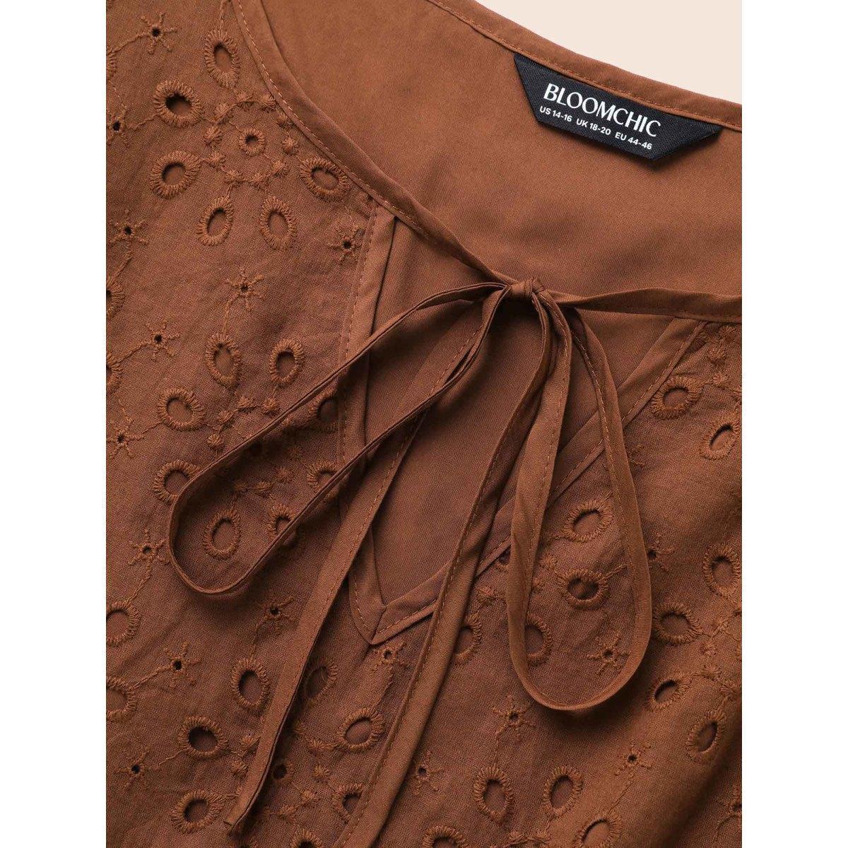 Plus Size Broderie Anglaise Patchwork Tie Knot Dress Browncoffeecolor Women Elegant Patchwork Round Neck Long Sleeve Curvy BloomChic 28/5X Product Image