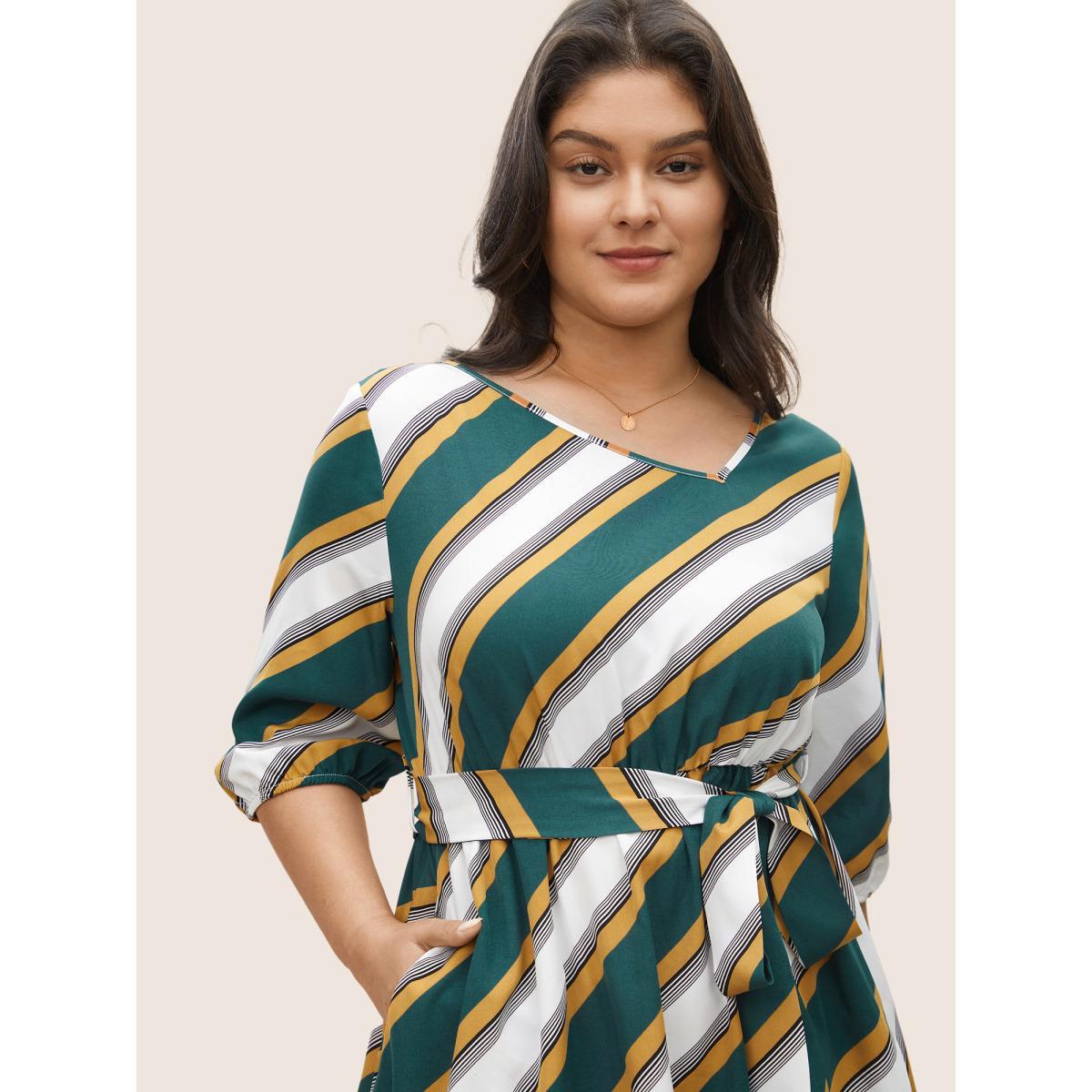 Plus Size Striped Contrast Asymmetrical Neck Belted Dress Cyan Women At the Office Non Asymmetrical Neck Elbow-length sleeve Curvy Midi Dress BloomChic 26/4X Product Image