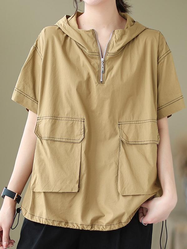 Loose Short Sleeves Zipper Hooded T-Shirts Tops Product Image