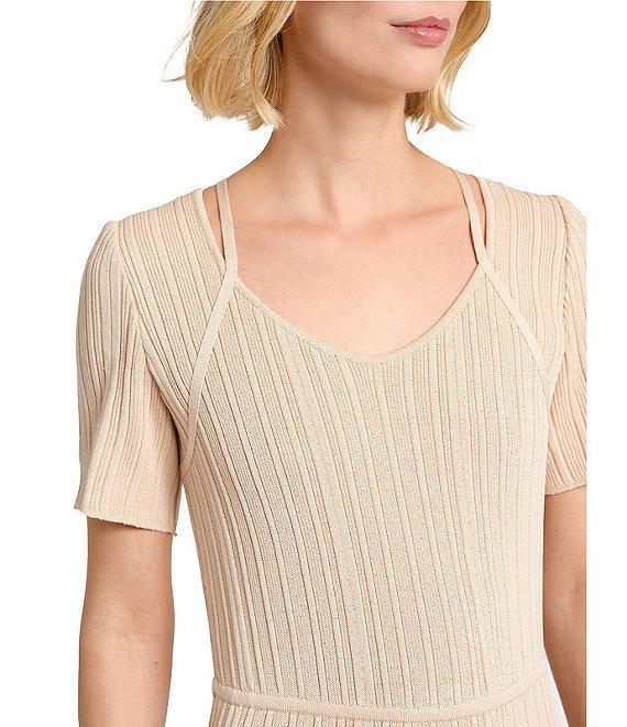 MISOOK Ribbed Soft Knit V-Neck Short Sleeve Fit-And-Flare Midi Dress Product Image