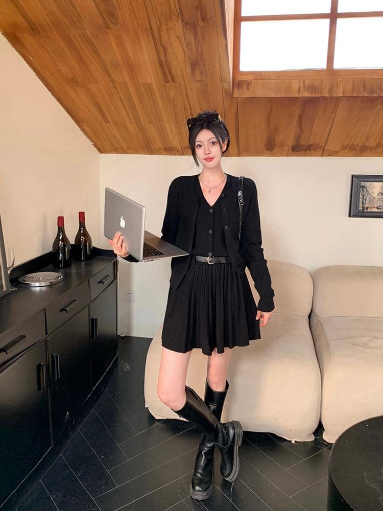 Sleeveless V-Neck Plain Buttoned Belted Mini A-Line Dress / Round Neck Plain Crop Cardigan Product Image