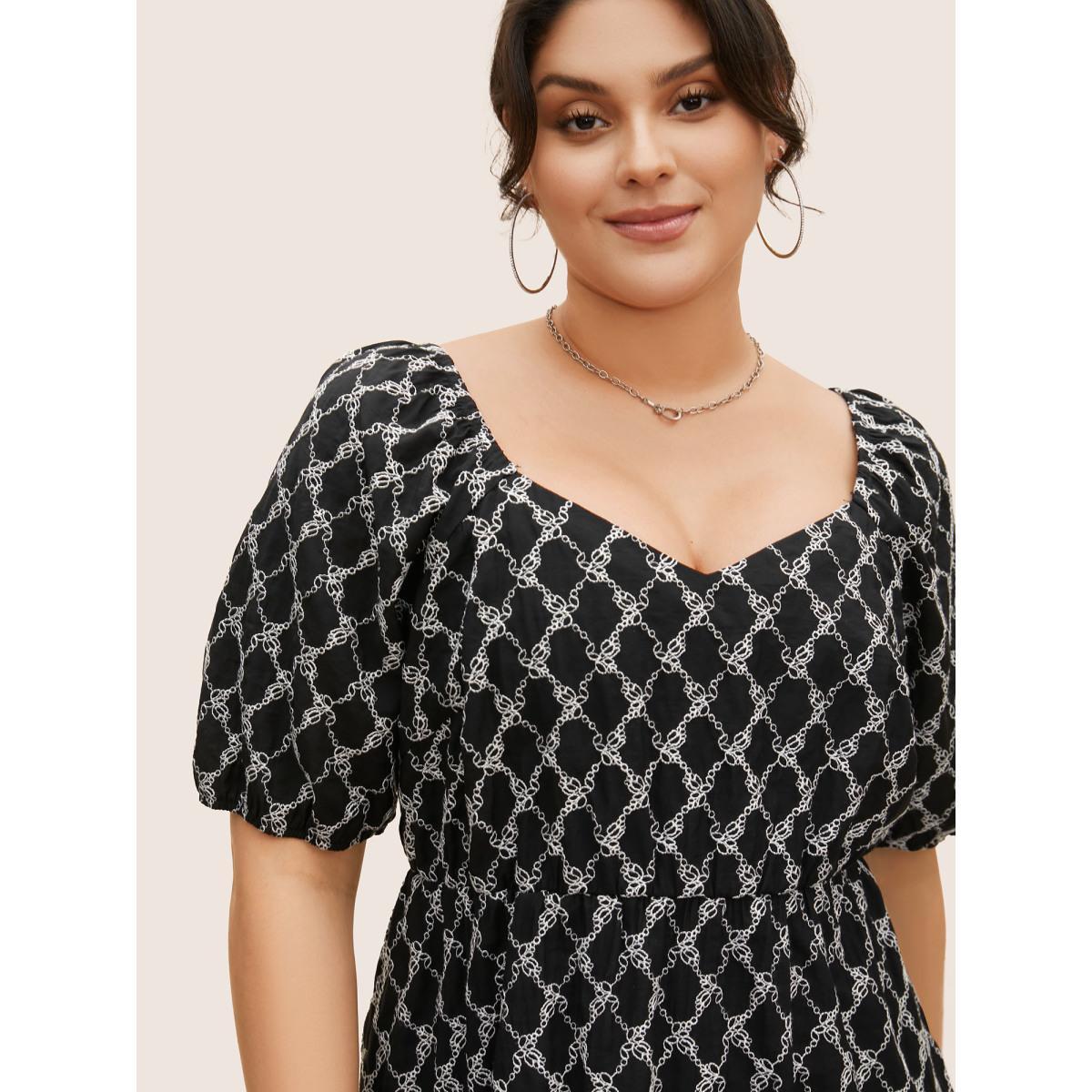 Plus Size Black Embroidered Heart Neckline Lantern Sleeve Blouse Women Casual Short sleeve Heart neckline Everyday Blouses BloomChic 28/5X Product Image