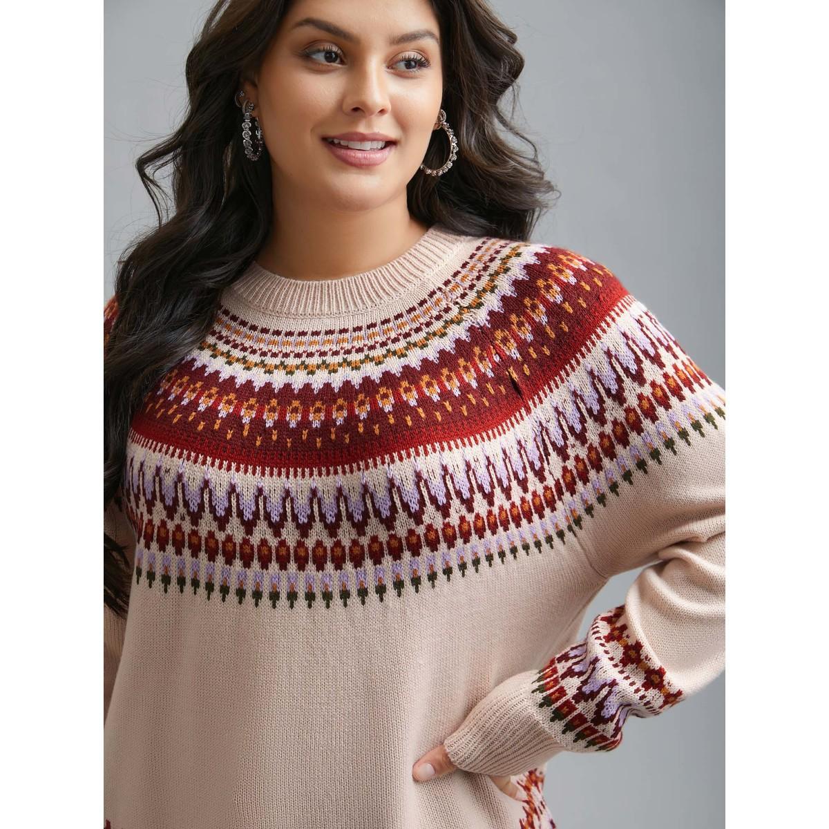 Plus Size Round Neck Bandana Color Contrast Pullover Apricot Women Casual Loose Long Sleeve Round Neck Everyday Pullovers BloomChic 28/5X Product Image