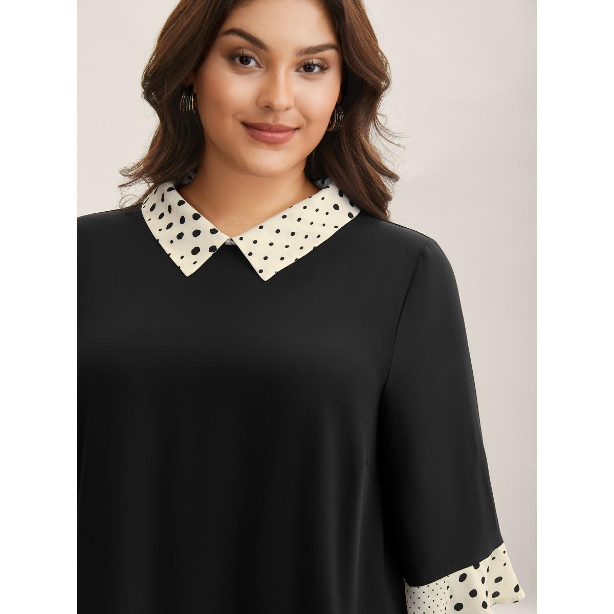 Plus Size Black Sheer Color Contrast Spliced Collar Blouse Women Elbow-length sleeve Shirt collar Work Blouses BloomChic 14-16/1X Product Image