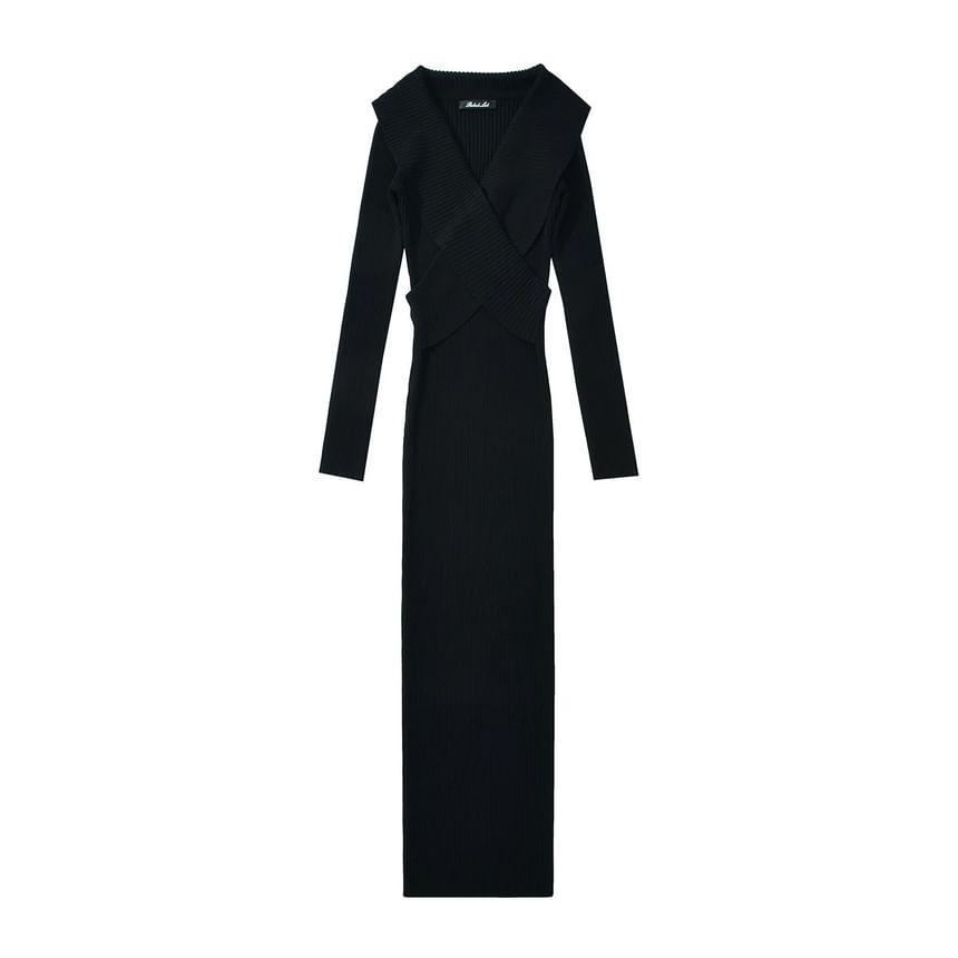 Long-Sleeve V-Neck Wrapped Plain Knit Maxi Sheath Dress Product Image