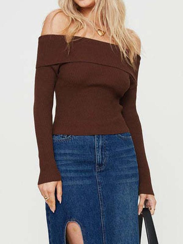 Solid Off Shoulder Lapel Neck Sweater Product Image