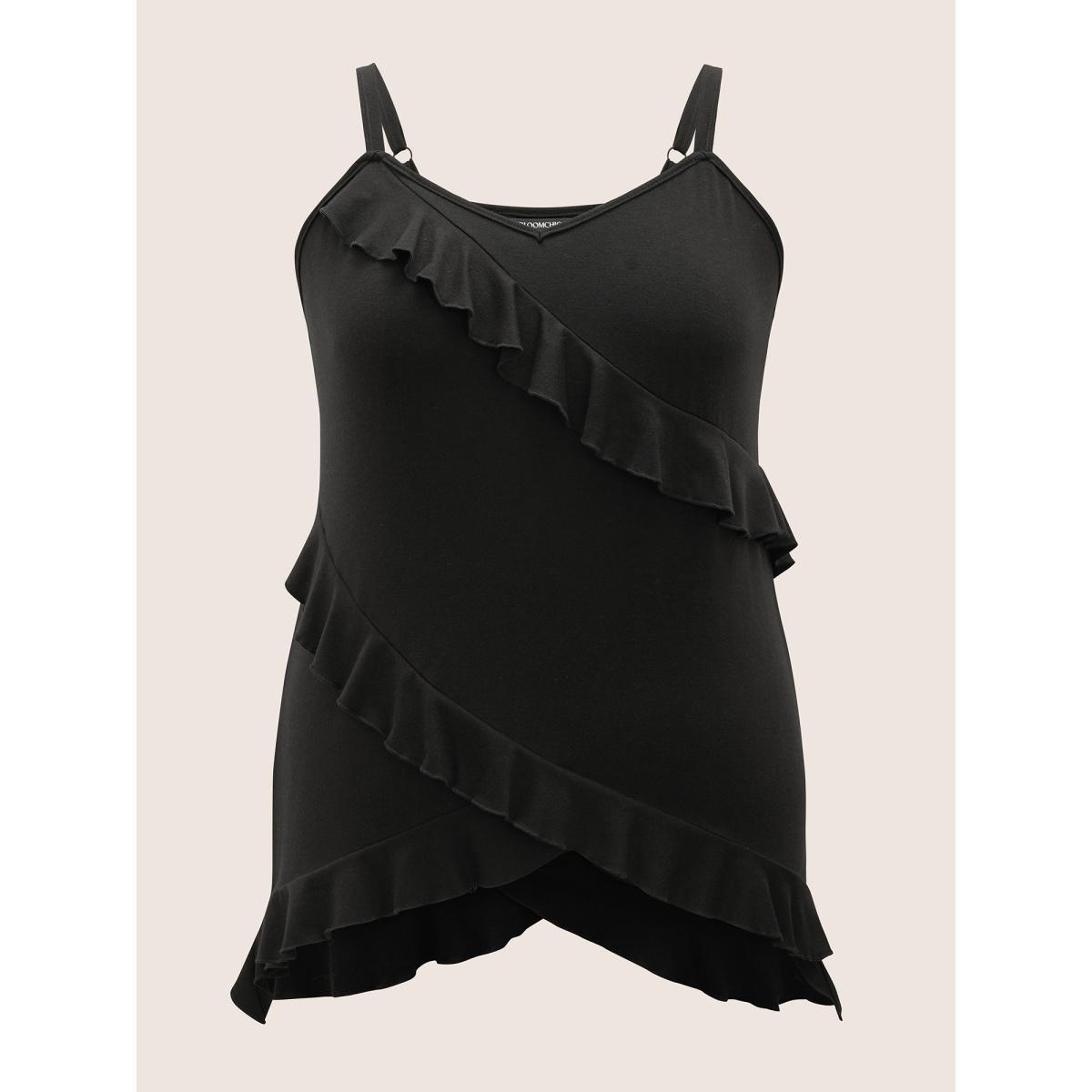 Plus Size Solid Patchwork Ruffle Trim Adjustable Straps Cami Top Women Black Elegant Patchwork V-neck Everyday Tank Tops Camis BloomChic 14-16/1X Product Image