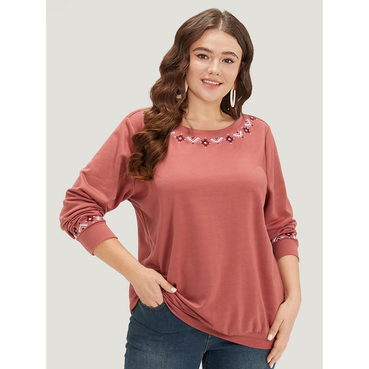 Plus Size Floral Embroidered Long Sleeve Crew Neck Sweatshirt Women DustyPink Elegant Elastic cuffs Round Neck Dailywear Sweatshirts BloomChic 14-16/1X Product Image
