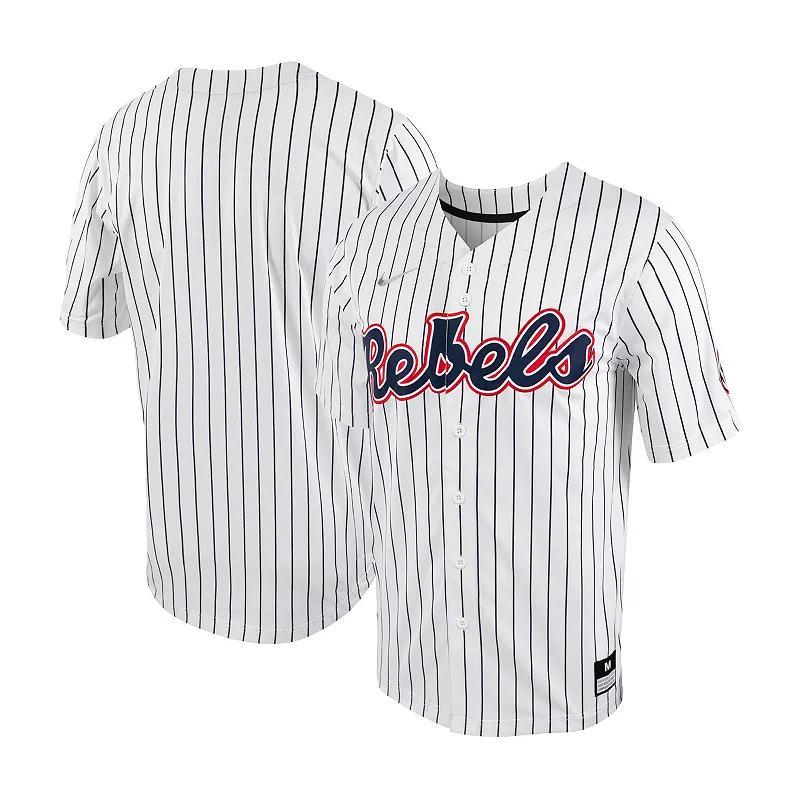 Men's Nike White/Navy Ole Miss Rebels Pinstripe Replica Full-Button Baseball Jersey, Size: 3XL Product Image