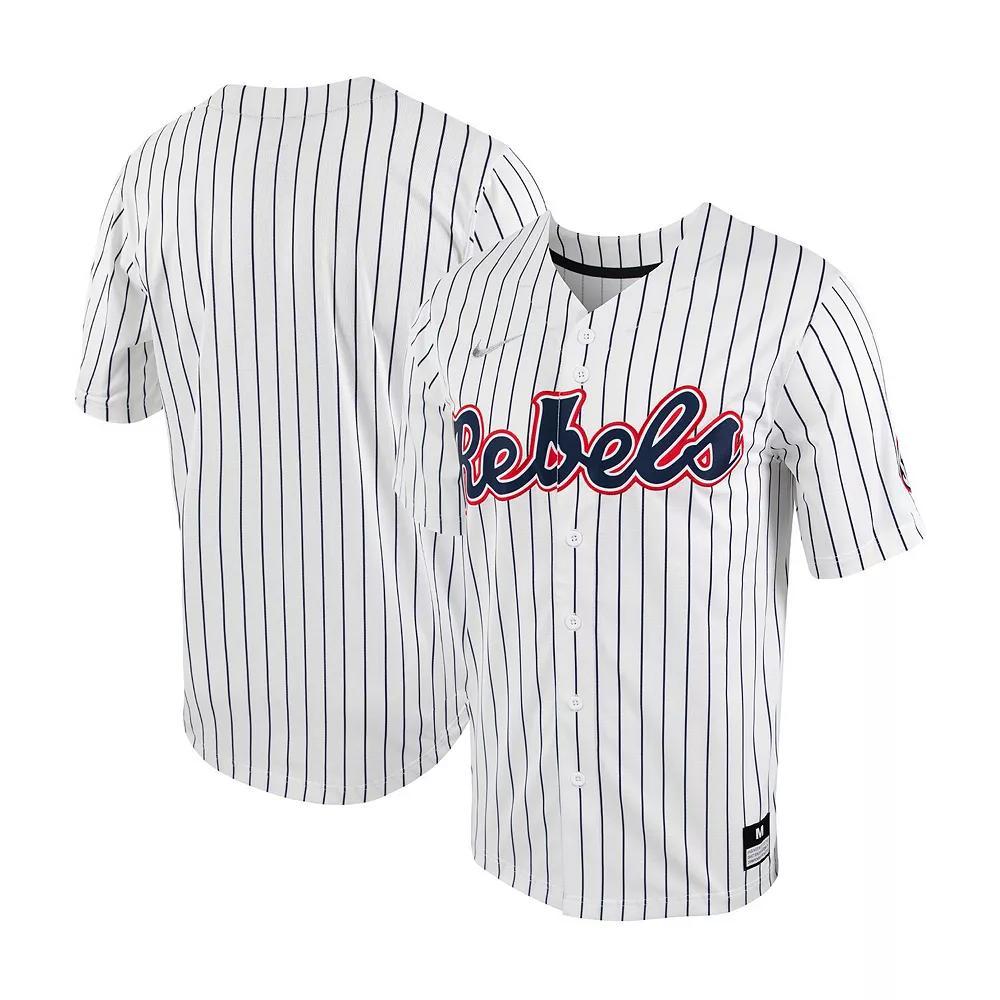 Men's Nike White/Navy Ole Miss Rebels Pinstripe Replica Full-Button Baseball Jersey, Size: 3XL Product Image