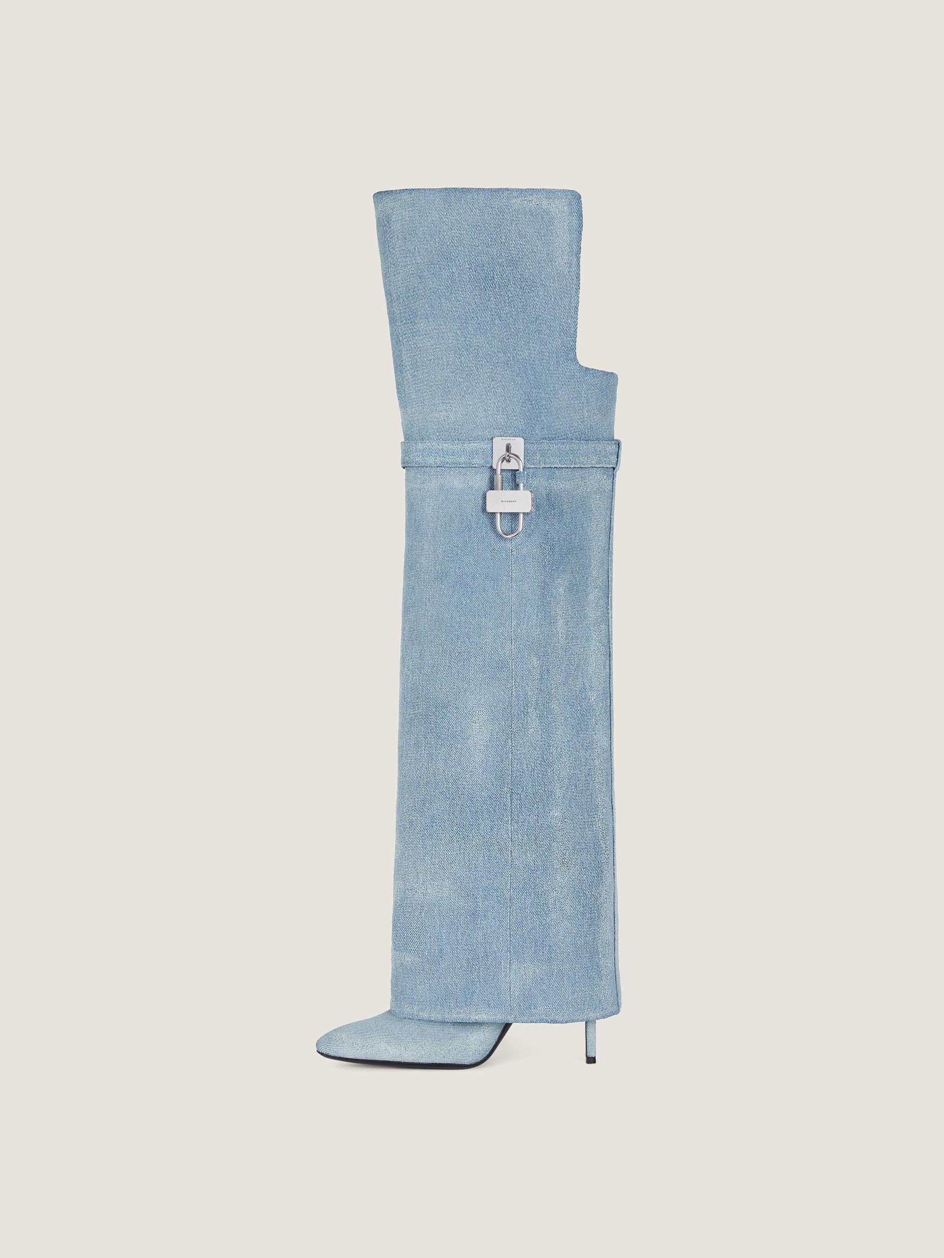 Shark Lock Stiletto over-the-knee boots in washed denim Product Image