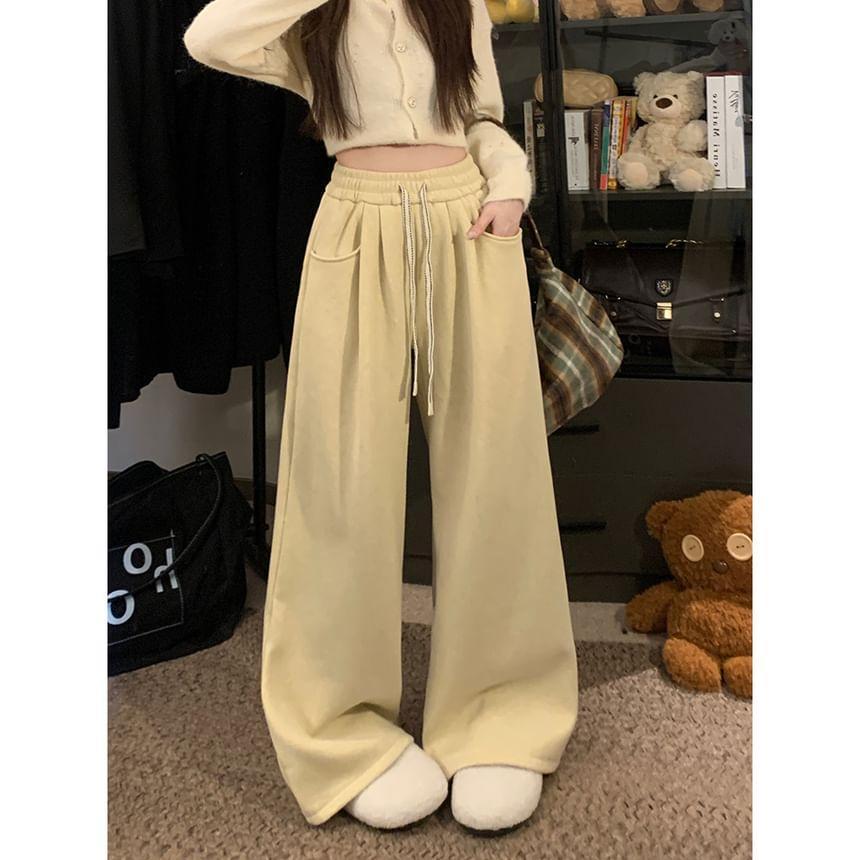 Drawstring Waist Fleece Lined Wide Leg Pants Product Image
