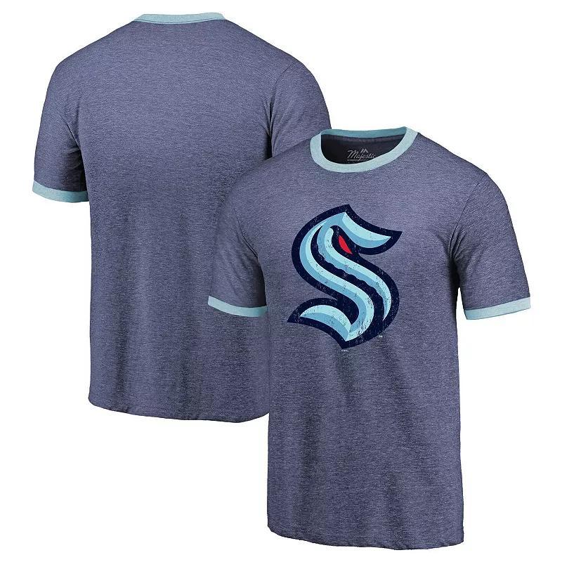 Men's Majestic Threads Heathered Deep Sea Blue Seattle Kraken Ringer Contrast Tri-Blend T-Shirt, Size: Medium, Krk Blue Product Image