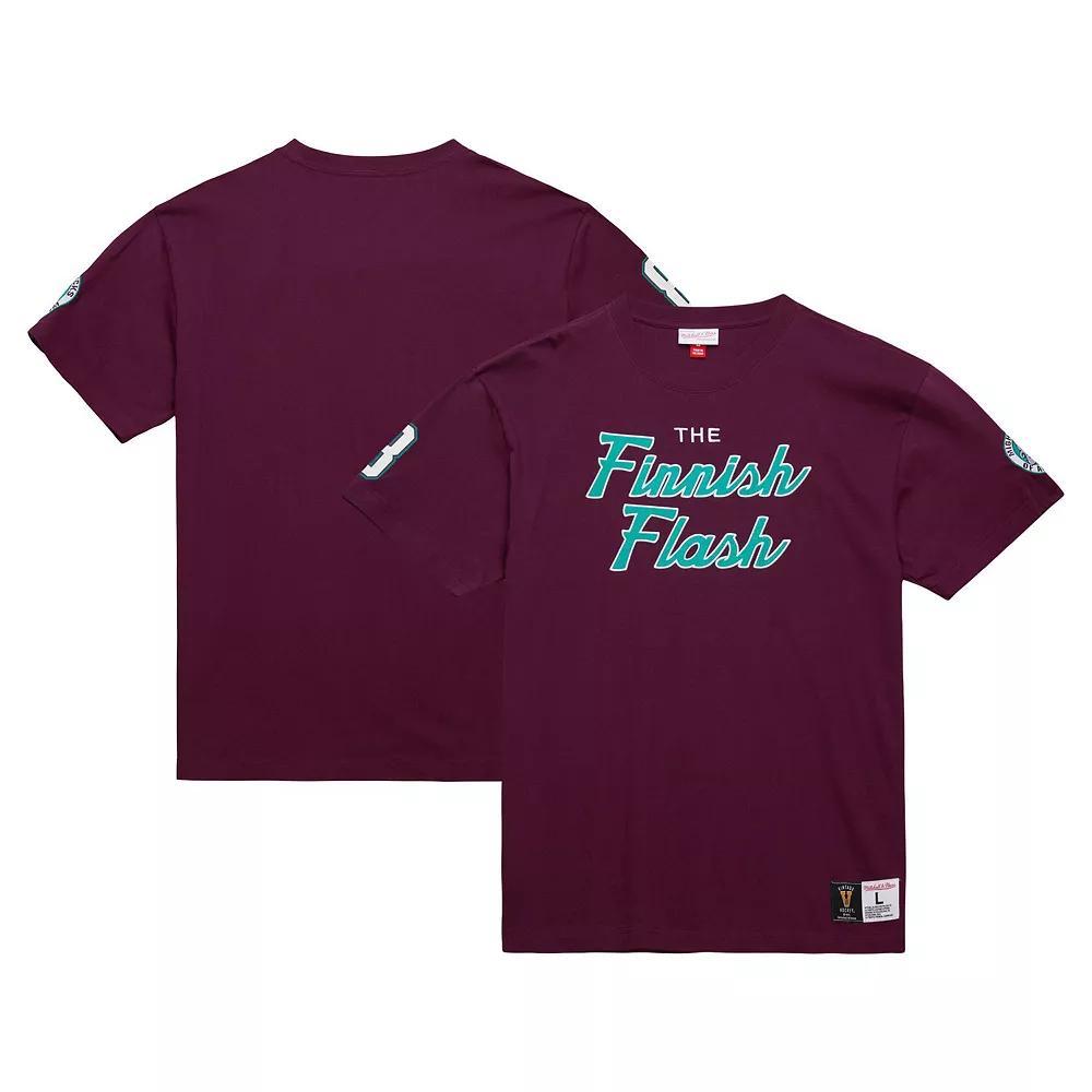 Men's Mitchell & Ness Teemu Selanne Purple Anaheim Ducks Premium Nickname Vintage Logo T-Shirt, Size: Medium, Dks Purple Product Image