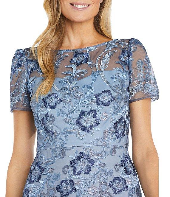 R & M Richards Petite Size Short Sleeve Crew Neck Embroidered Midi Flounce Dress Product Image