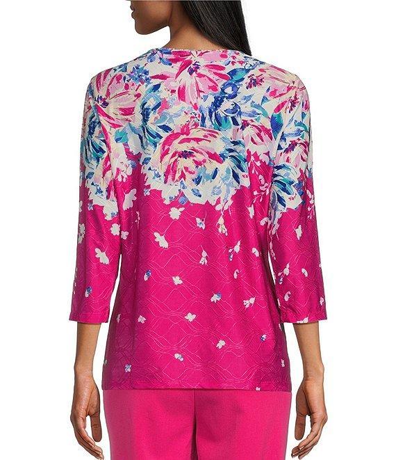 Allison Daley Embellished Floral Print 3/4 Sleeve Crew Neck Linear Jacquard Knit Top Product Image