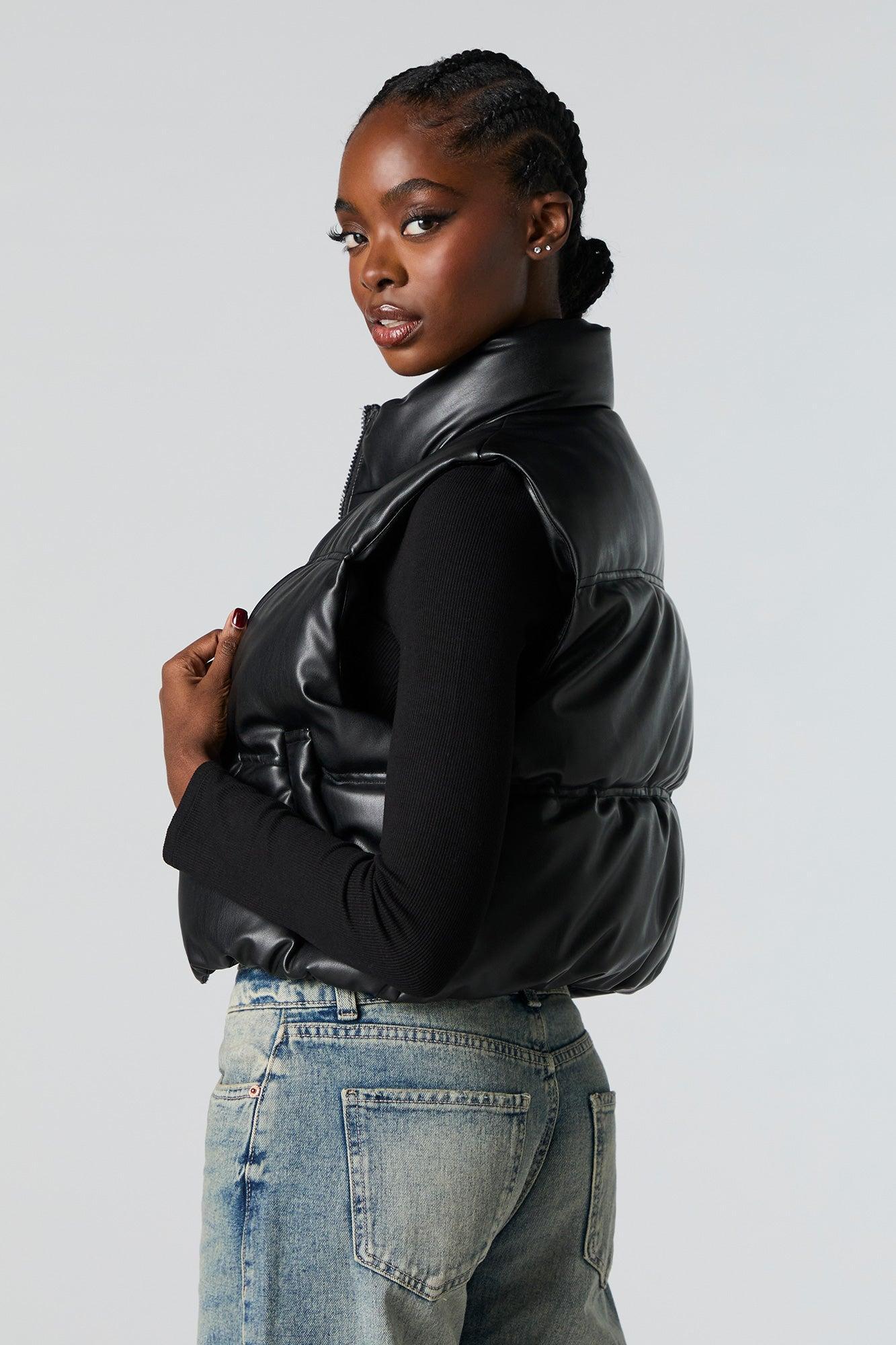 Faux Leather Cropped Puffer Vest Female Product Image