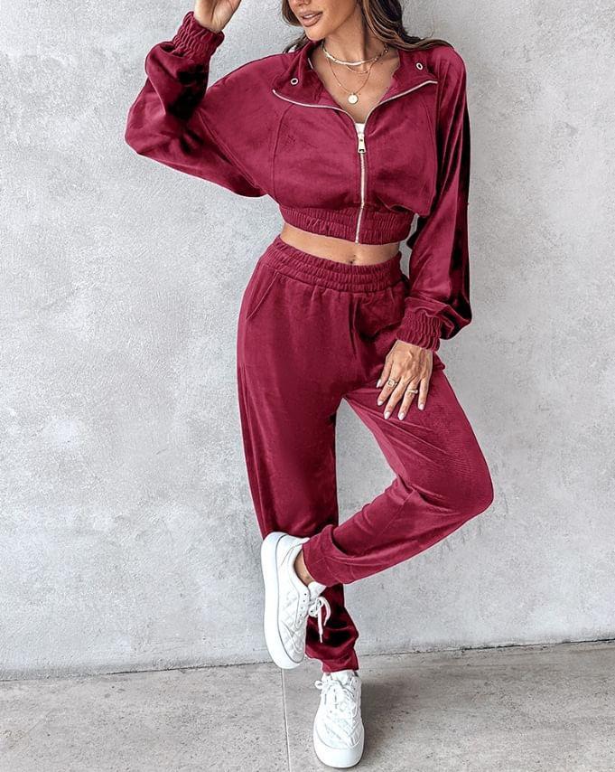 Set: Stand Collar Plain Zip-Up Velvet Crop Jacket + High Waist Harem Pants Product Image