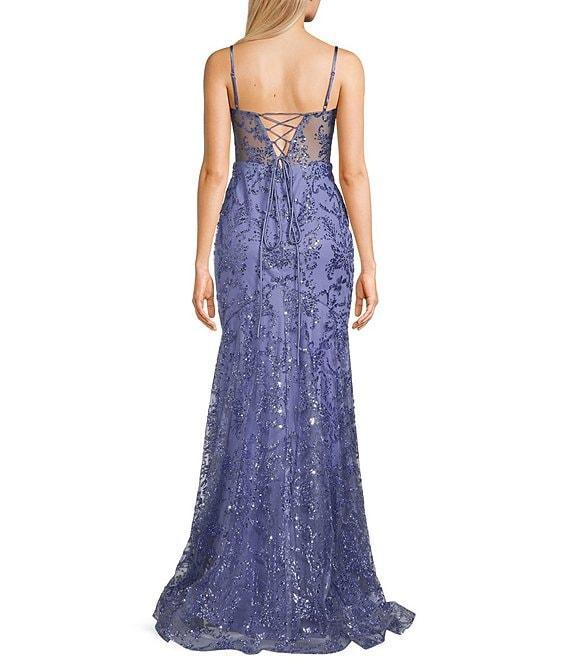 Blondie Nites Drape Corset Lace-Up Back Trumpet Glitter Dress Product Image