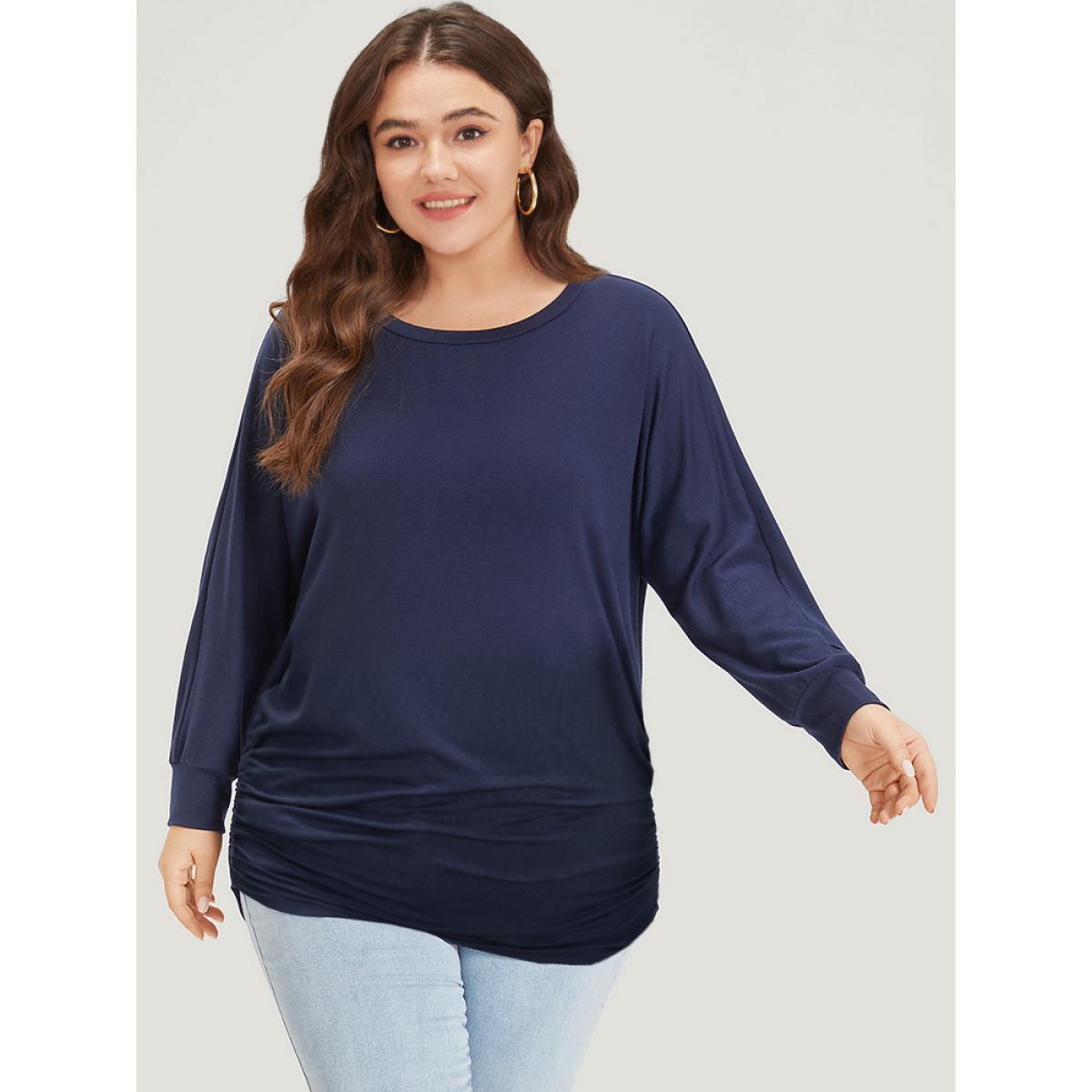 Plus Size Supersoft Essentials Plain Crew Neck Dolman Sleeve Sweatshirt Women Indigo Casual Elastic cuffs Round Neck Everyday Sweatshirts BloomChic 12/L Product Image