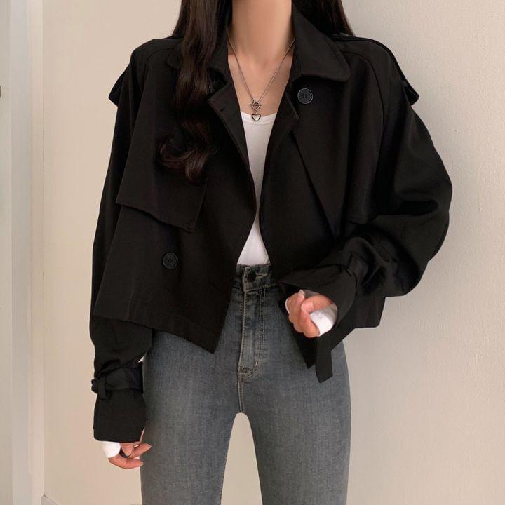 Collared Plain Double-Breasted Crop Trench Jacket Product Image