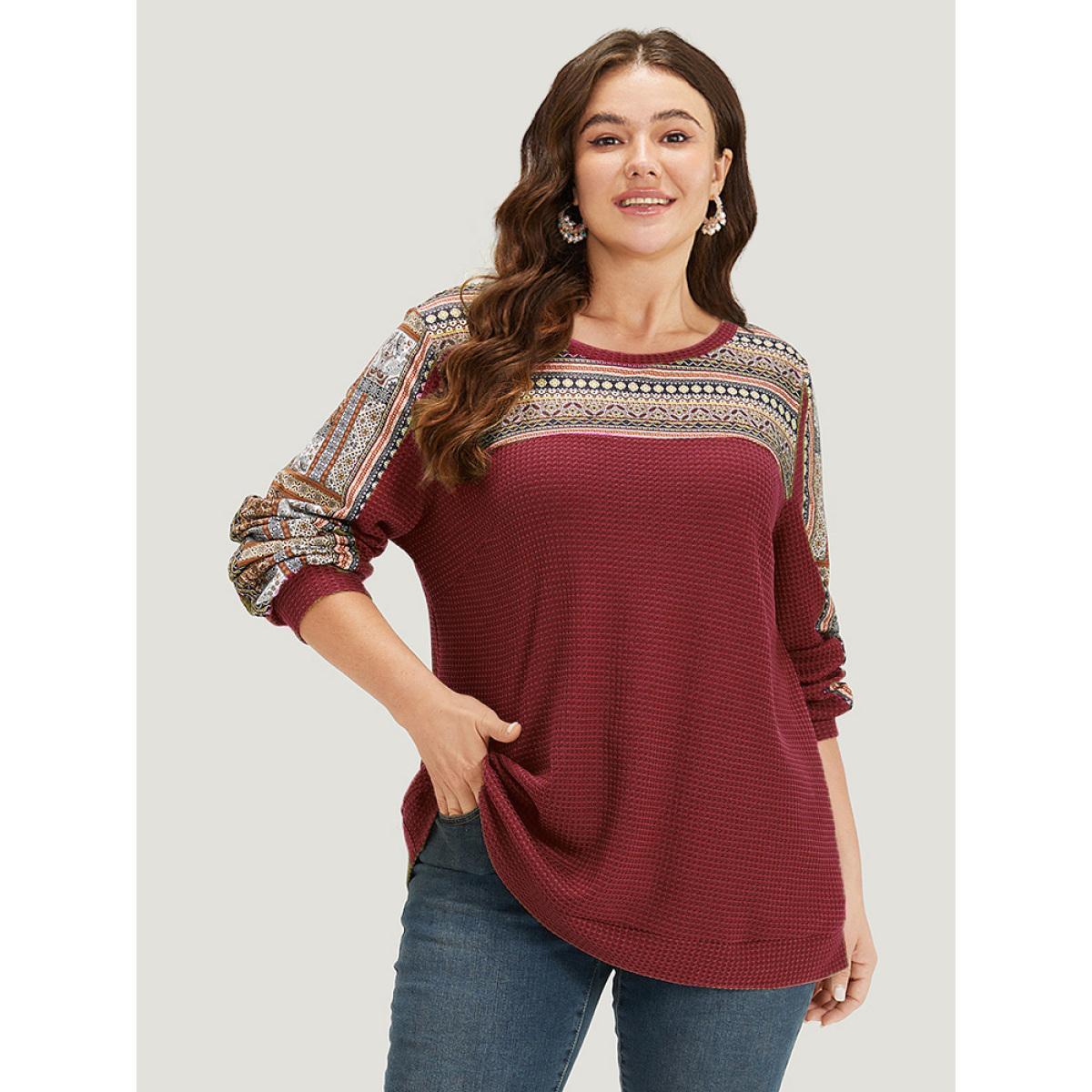 Plus Size Boho Print Patchwork Waffle Knit Crew Neck Sweatshirt Women Burgundy Casual Elastic cuffs Round Neck Dailywear Sweatshirts BloomChic 14-16/1X Product Image