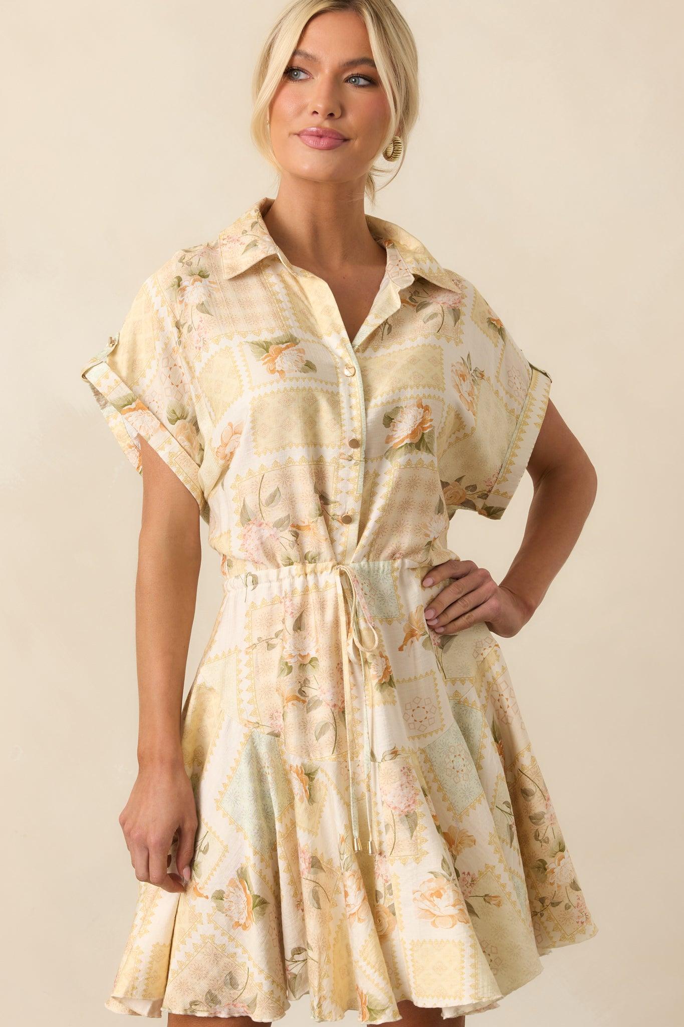 Made Me Smile Yellow Floral Patchwork Mini Dress Product Image